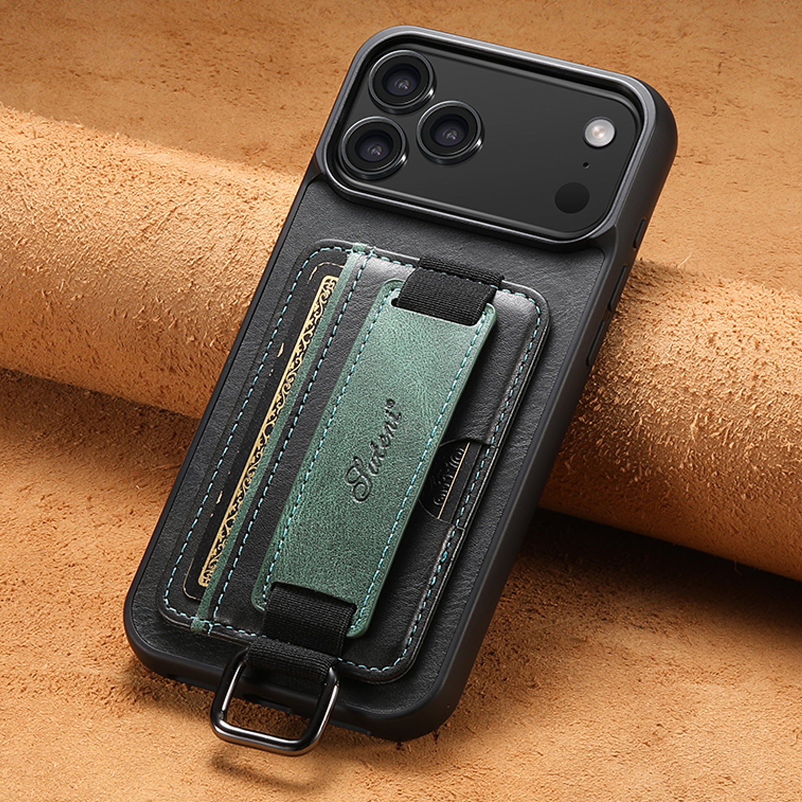 SUTENI H13YL Phone Case Wrist Strap Ring Buckle Faux Leather Card Holder Stand For iPhone 17 Pro Max 16 Plus 15 14 13 12