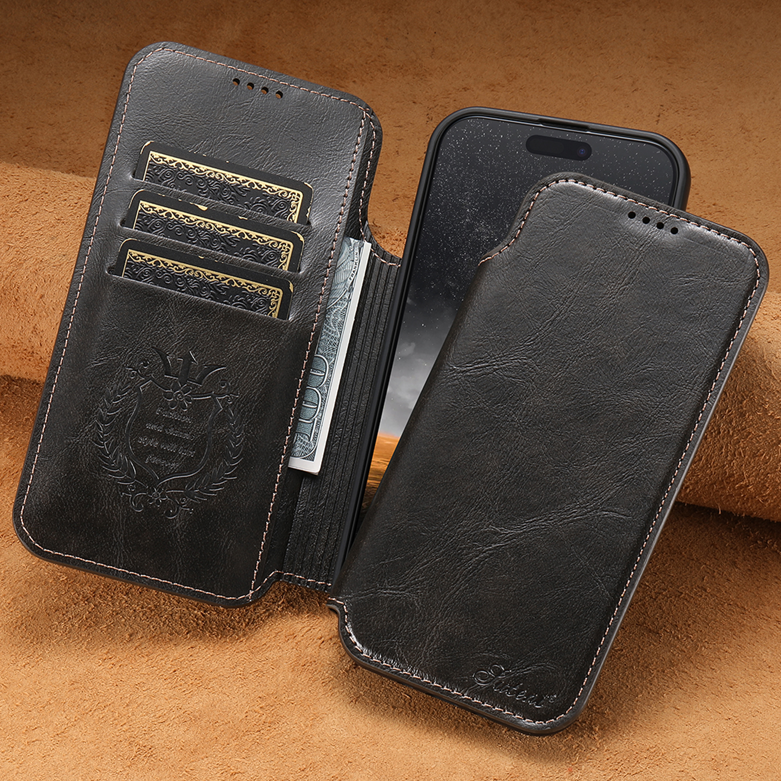 SUTENI J05 Faux Leather Wireless Charging  Card Holder Stand Wallet Magnetic buckle Phone Case For iPhone 17 Pro Max 16 Plus 15 14 13 12