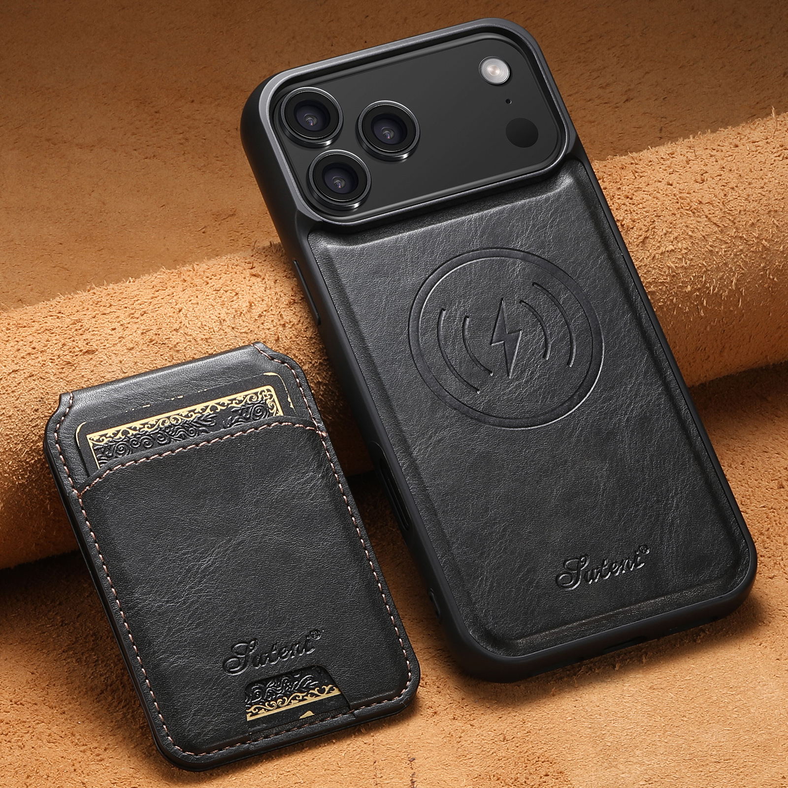 SUTENI H15 Wireless Charging Faux Leather Magnet Card Holder Stand Picture frame Phone Case For iPhone 17 Pro Max 16 Plus 15 14 13 12