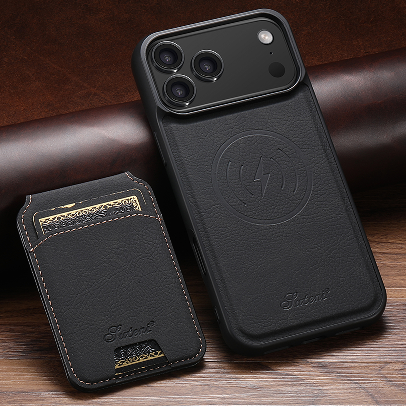 SUTENI H16 Wireless Charging Phone Case Magnet Card Holder Stand Faux Leather For iPhone 17 Pro Max 16 Plus 15 14 13 12