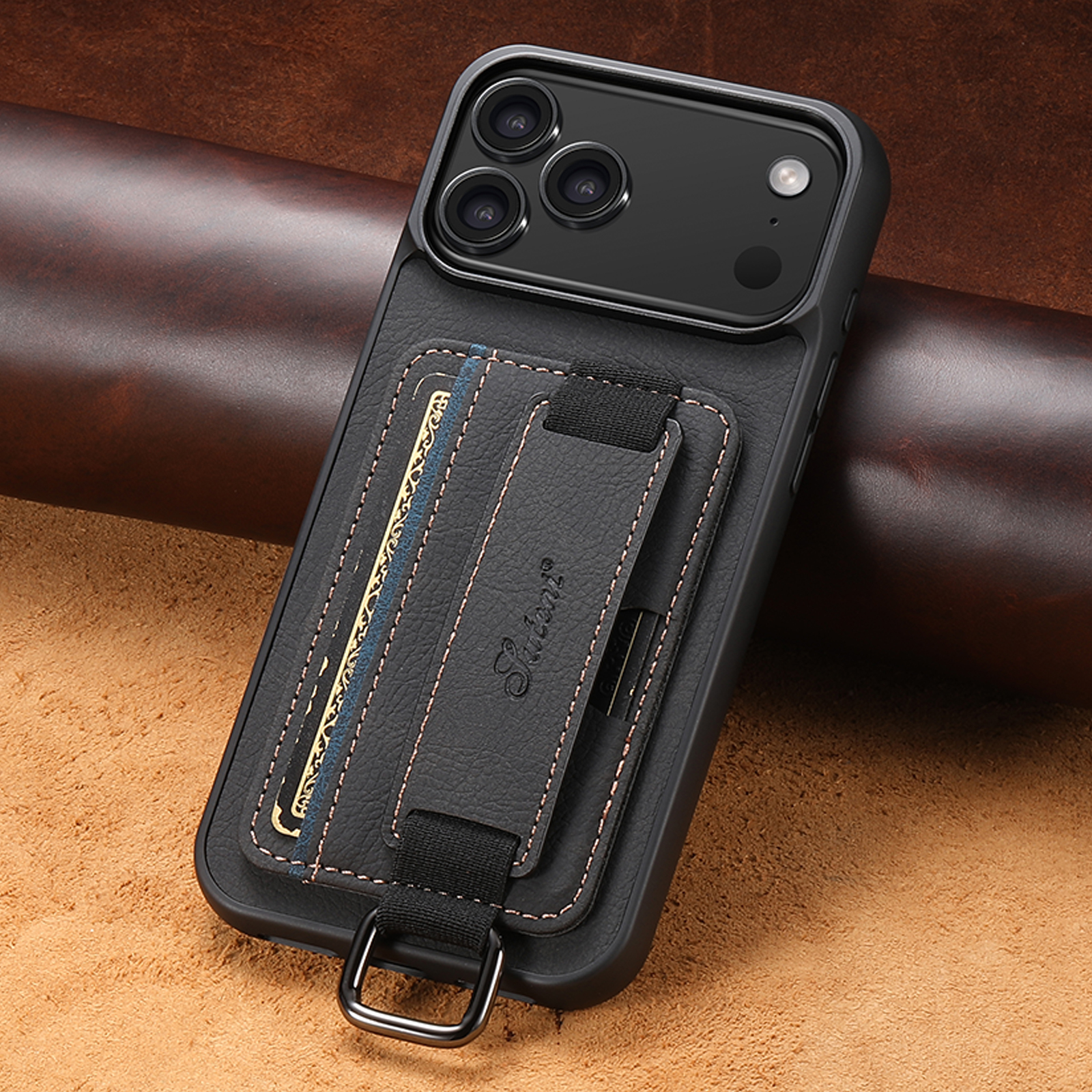SUTENI H13LZ Faux Leather Phone Case Wrist Strap Ring Buckle Card Holder Stand For iPhone 17 Pro Max 16 Plus 15 14 13 12