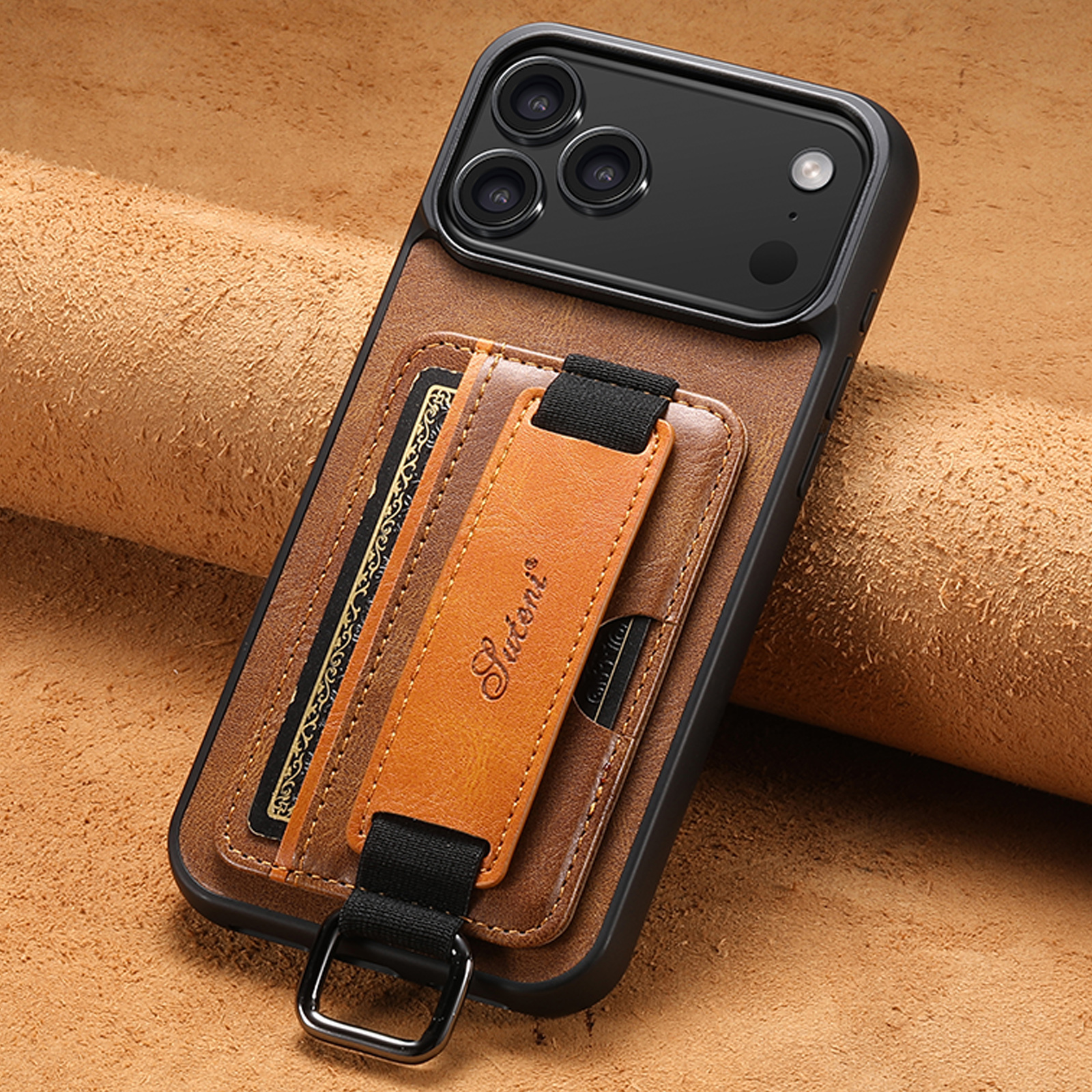 SUTENI H13YL Phone Case Wrist Strap Ring Buckle Faux Leather Card Holder Stand For iPhone 17 Pro Max 16 Plus 15 14 13 12
