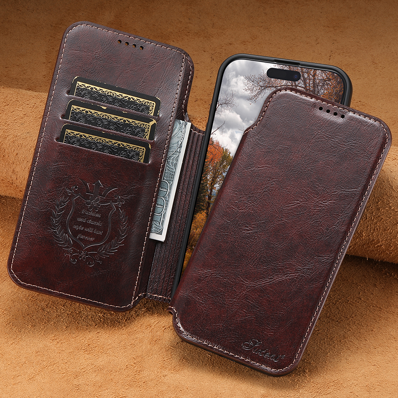 SUTENI J05 Faux Leather Wireless Charging  Card Holder Stand Wallet Magnetic buckle Phone Case For iPhone 17 Pro Max 16 Plus 15 14 13 12