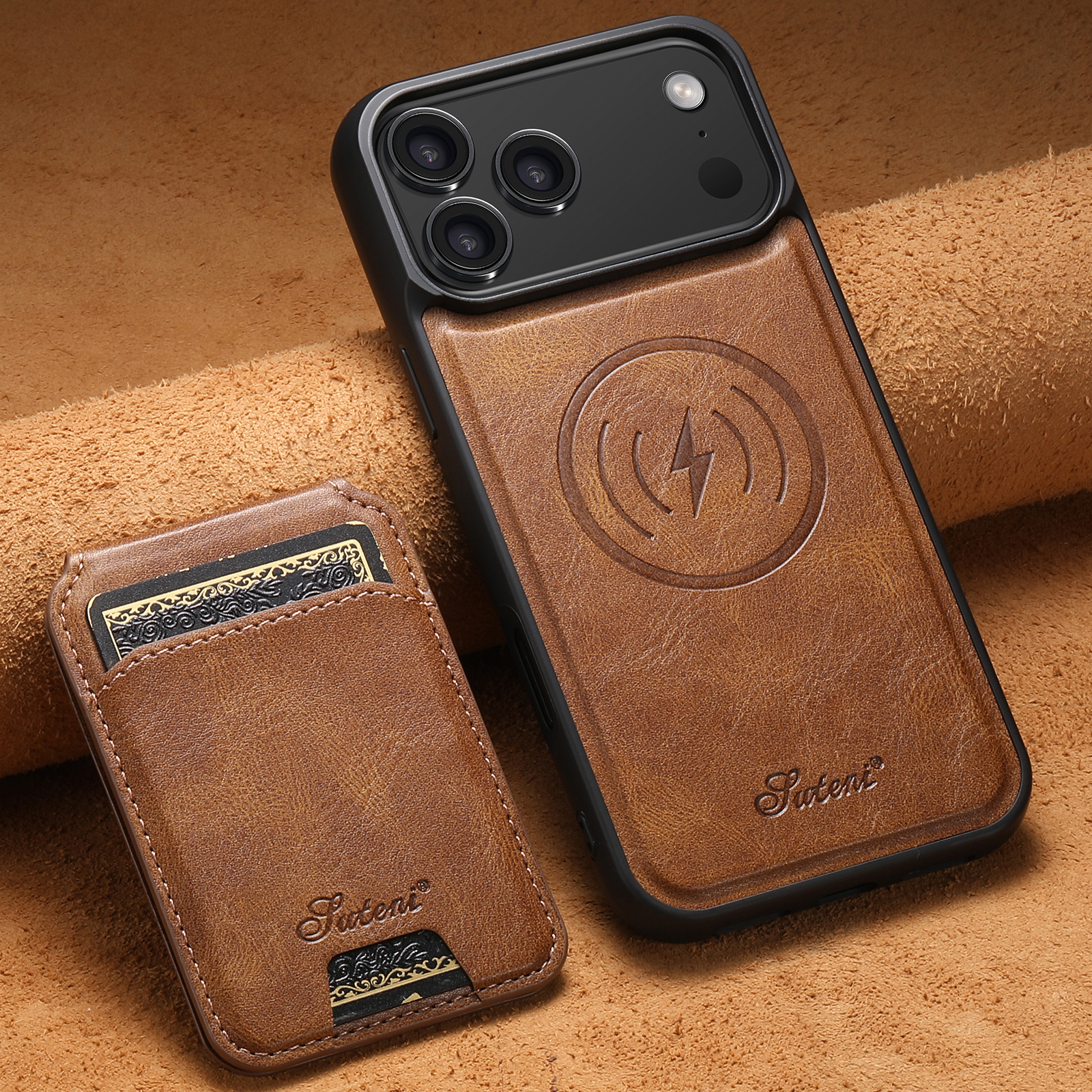 SUTENI H15 Wireless Charging Faux Leather Magnet Card Holder Stand Picture frame Phone Case For iPhone 17 Pro Max 16 Plus 15 14 13 12