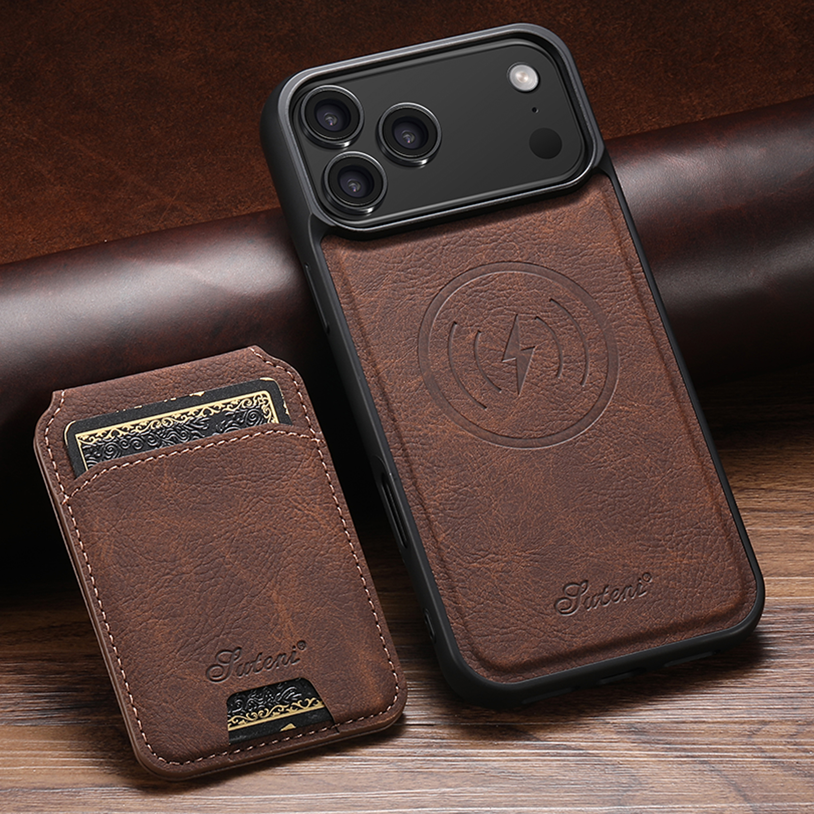 SUTENI H16 Wireless Charging Phone Case Magnet Card Holder Stand Faux Leather For iPhone 17 Pro Max 16 Plus 15 14 13 12