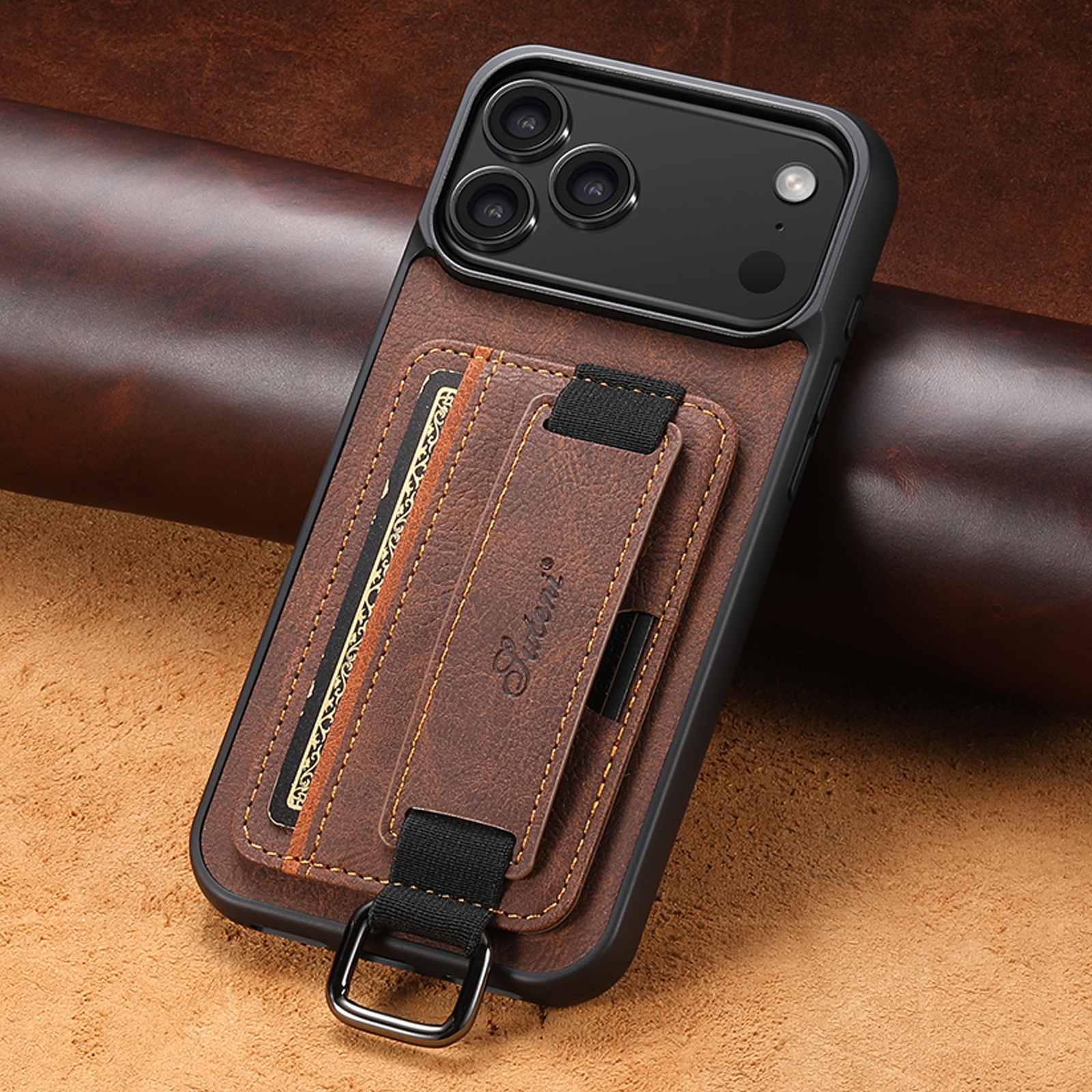 SUTENI H13LZ Faux Leather Phone Case Wrist Strap Ring Buckle Card Holder Stand For iPhone 17 Pro Max 16 Plus 15 14 13 12