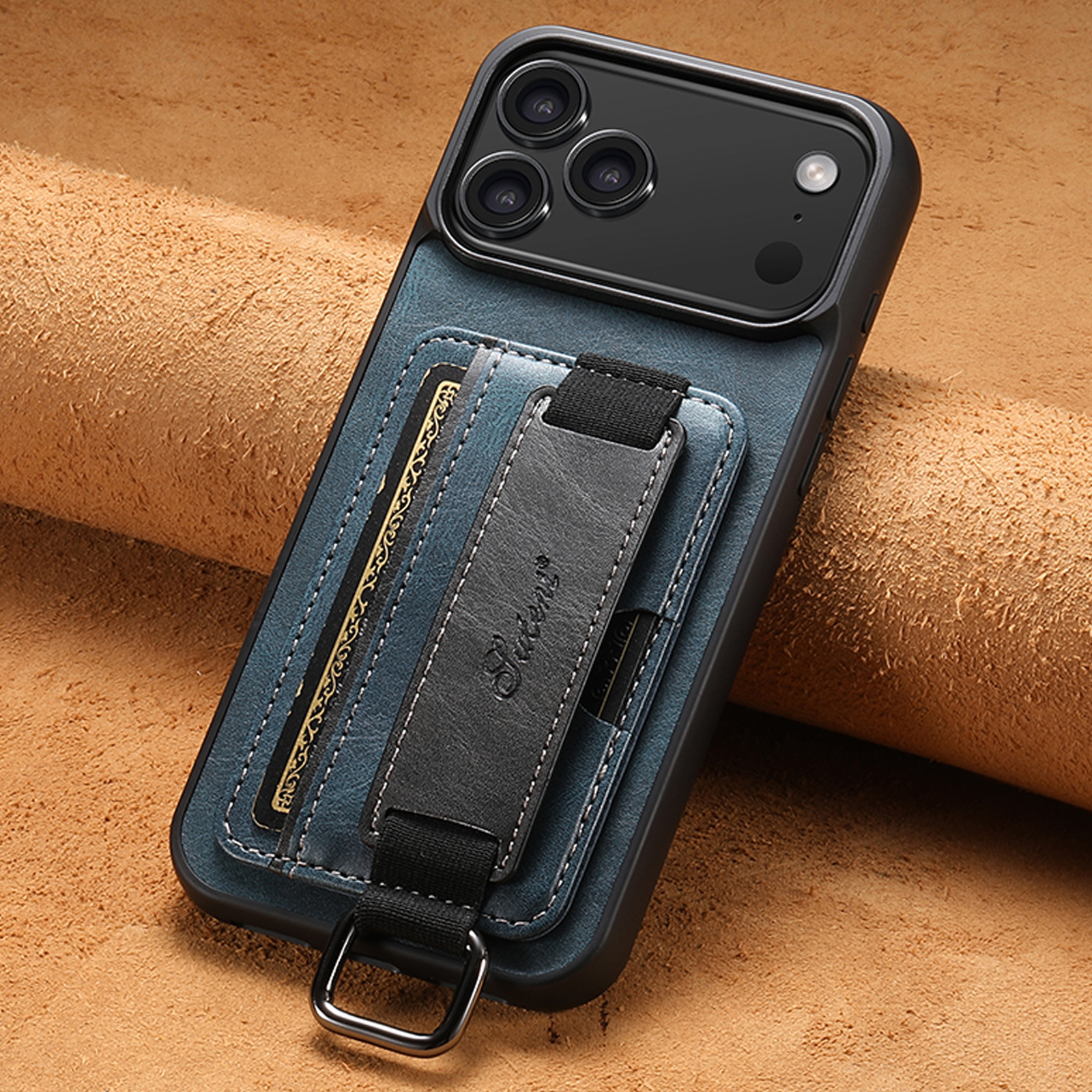 SUTENI H13YL Phone Case Wrist Strap Ring Buckle Faux Leather Card Holder Stand For iPhone 17 Pro Max 16 Plus 15 14 13 12