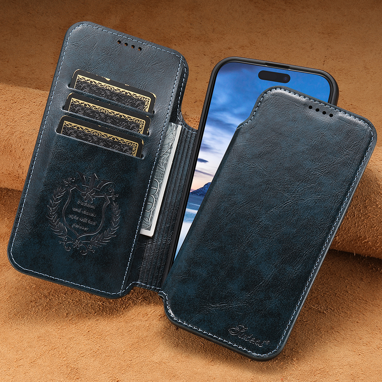 SUTENI J05 Faux Leather Wireless Charging  Card Holder Stand Wallet Magnetic buckle Phone Case For iPhone 17 Pro Max 16 Plus 15 14 13 12