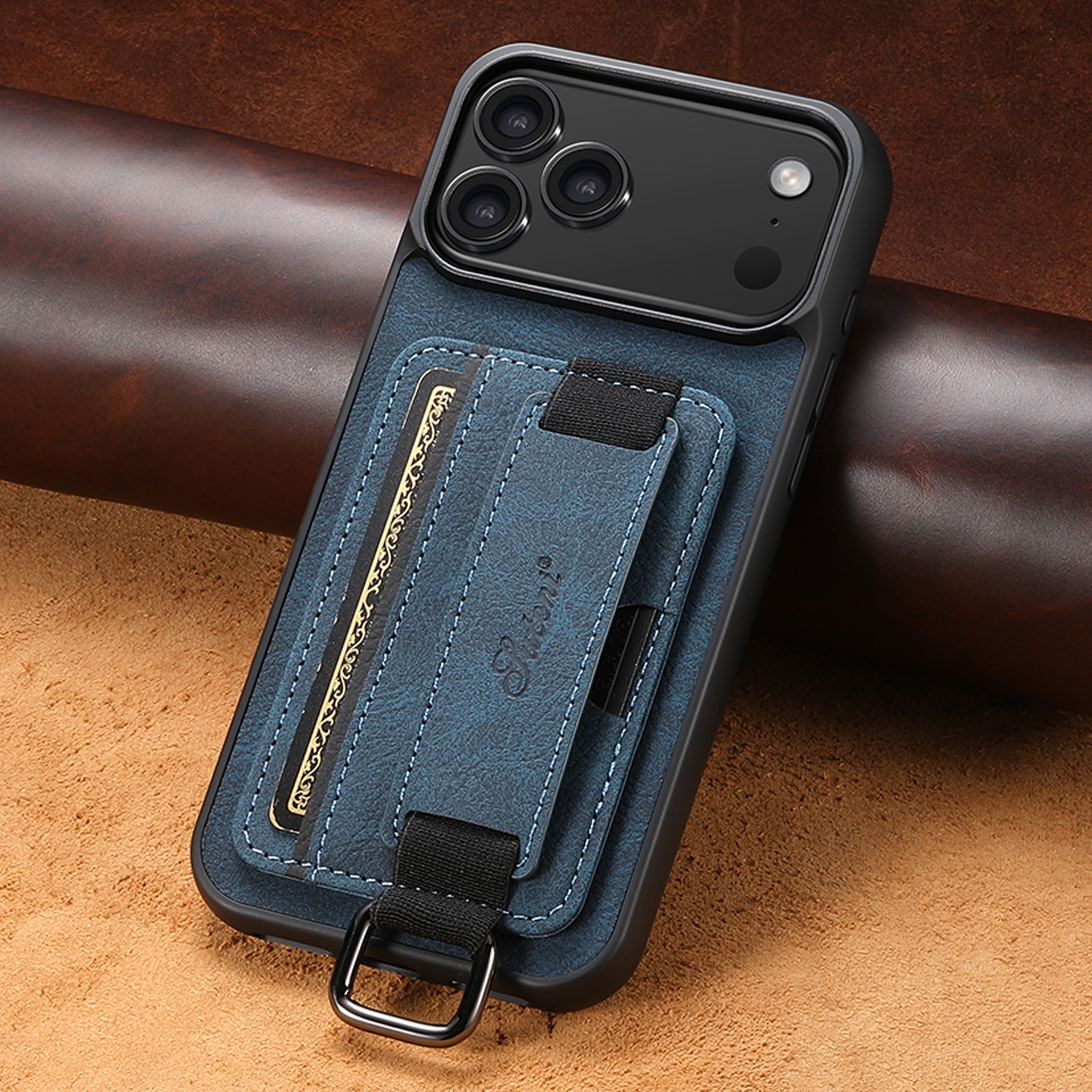 SUTENI H13LZ Faux Leather Phone Case Wrist Strap Ring Buckle Card Holder Stand For iPhone 17 Pro Max 16 Plus 15 14 13 12