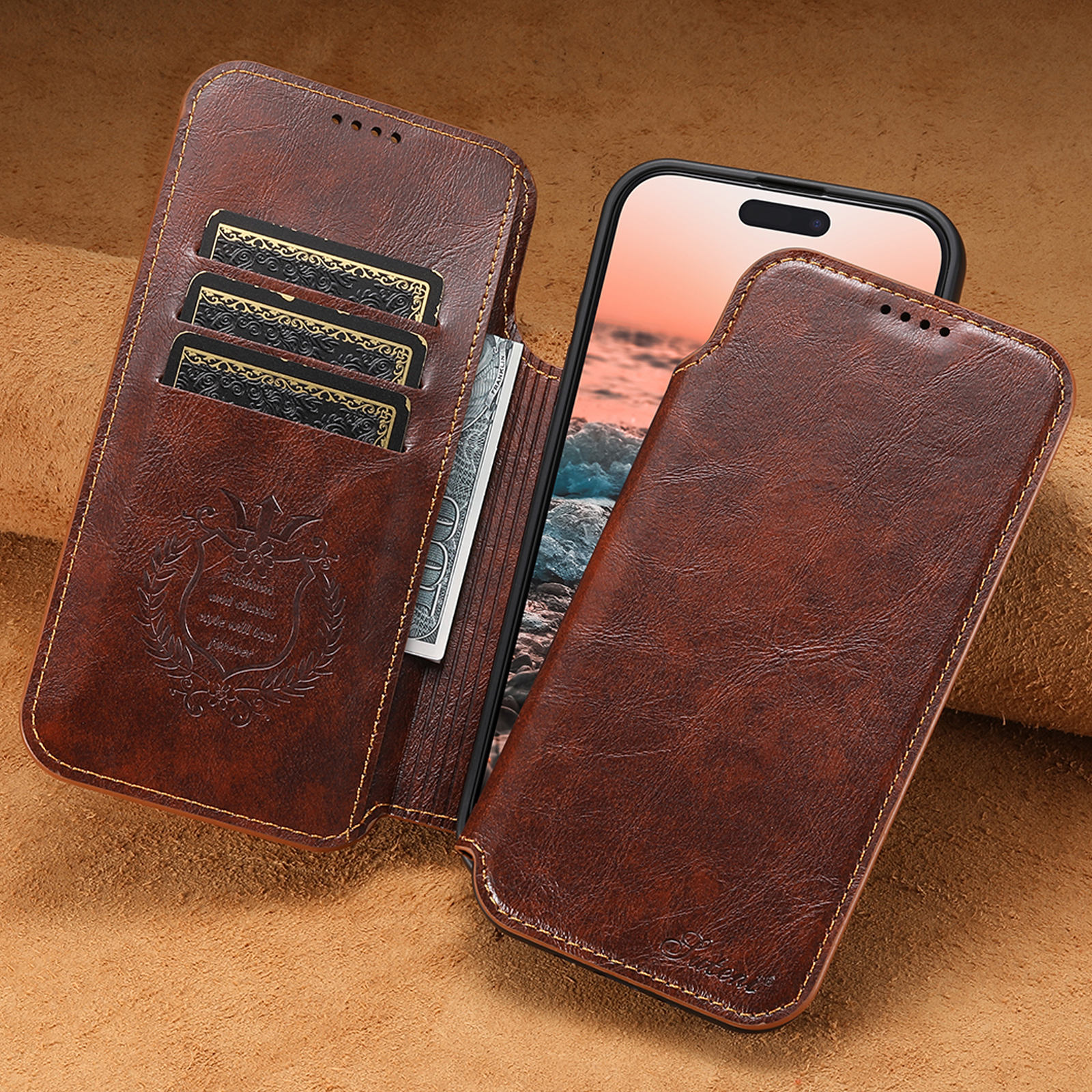 SUTENI J05 Faux Leather Wireless Charging  Card Holder Stand Wallet Magnetic buckle Phone Case For iPhone 17 Pro Max 16 Plus 15 14 13 12