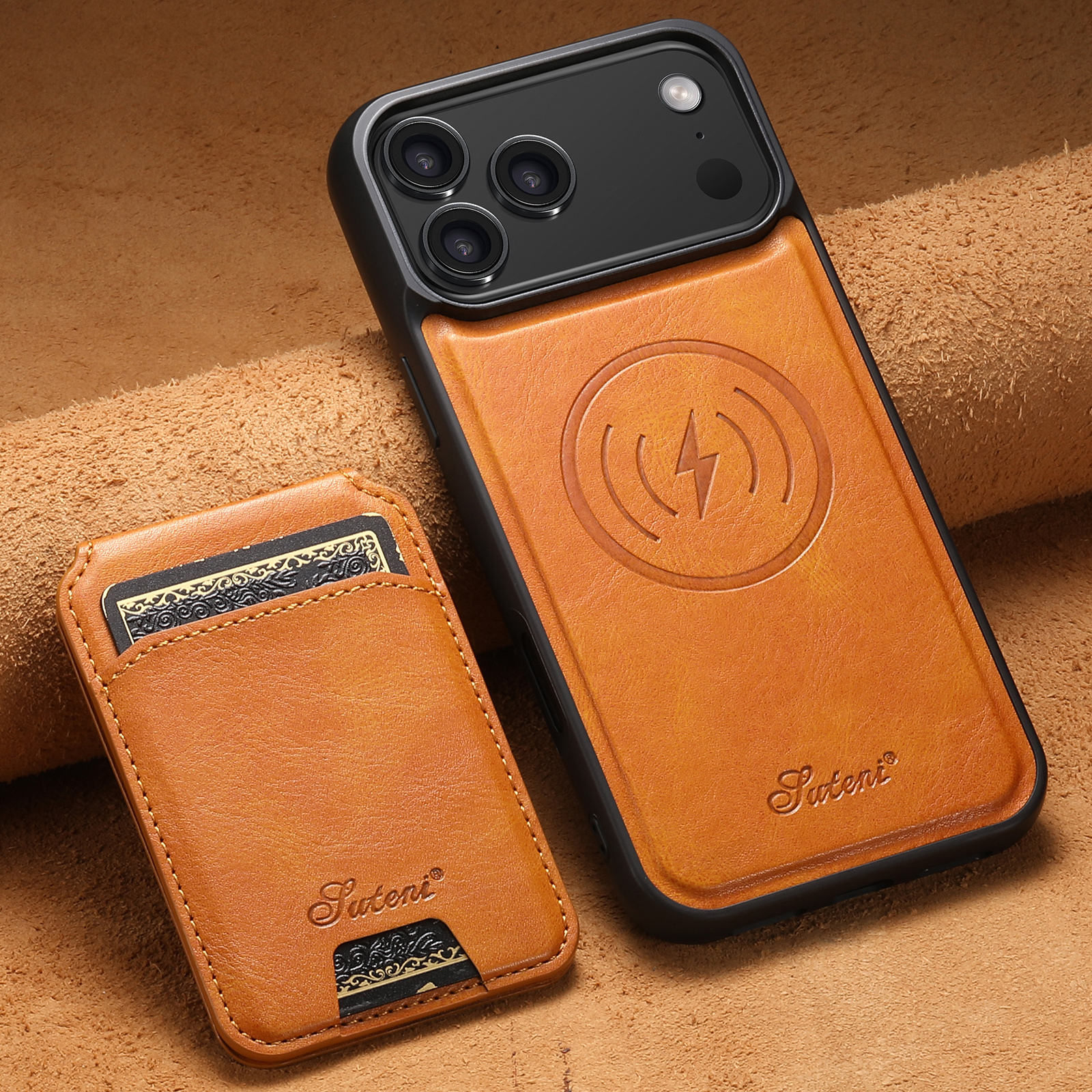 SUTENI H15 Wireless Charging Faux Leather Magnet Card Holder Stand Picture frame Phone Case For iPhone 17 Pro Max 16 Plus 15 14 13 12