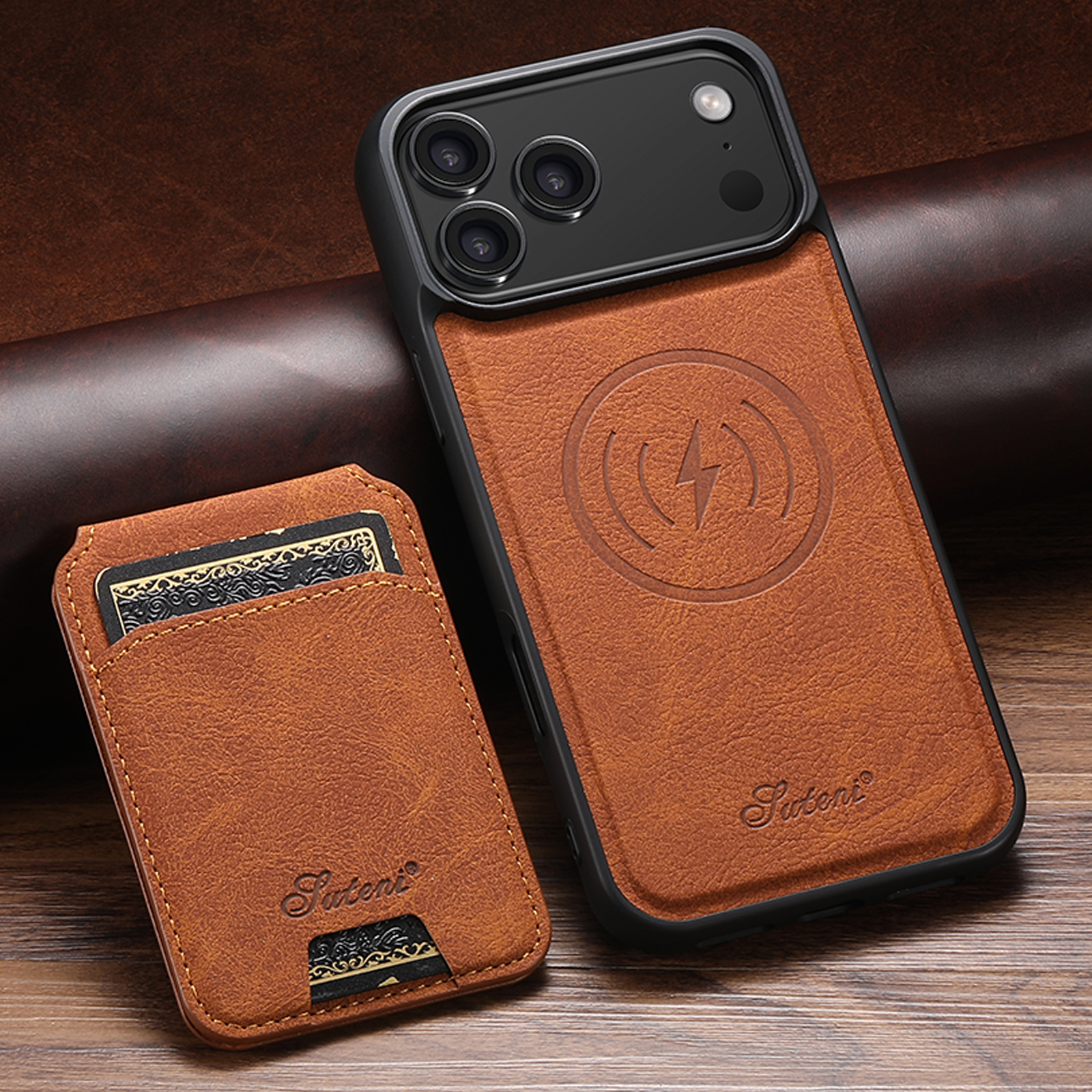 SUTENI H16 Wireless Charging Phone Case Magnet Card Holder Stand Faux Leather For iPhone 17 Pro Max 16 Plus 15 14 13 12