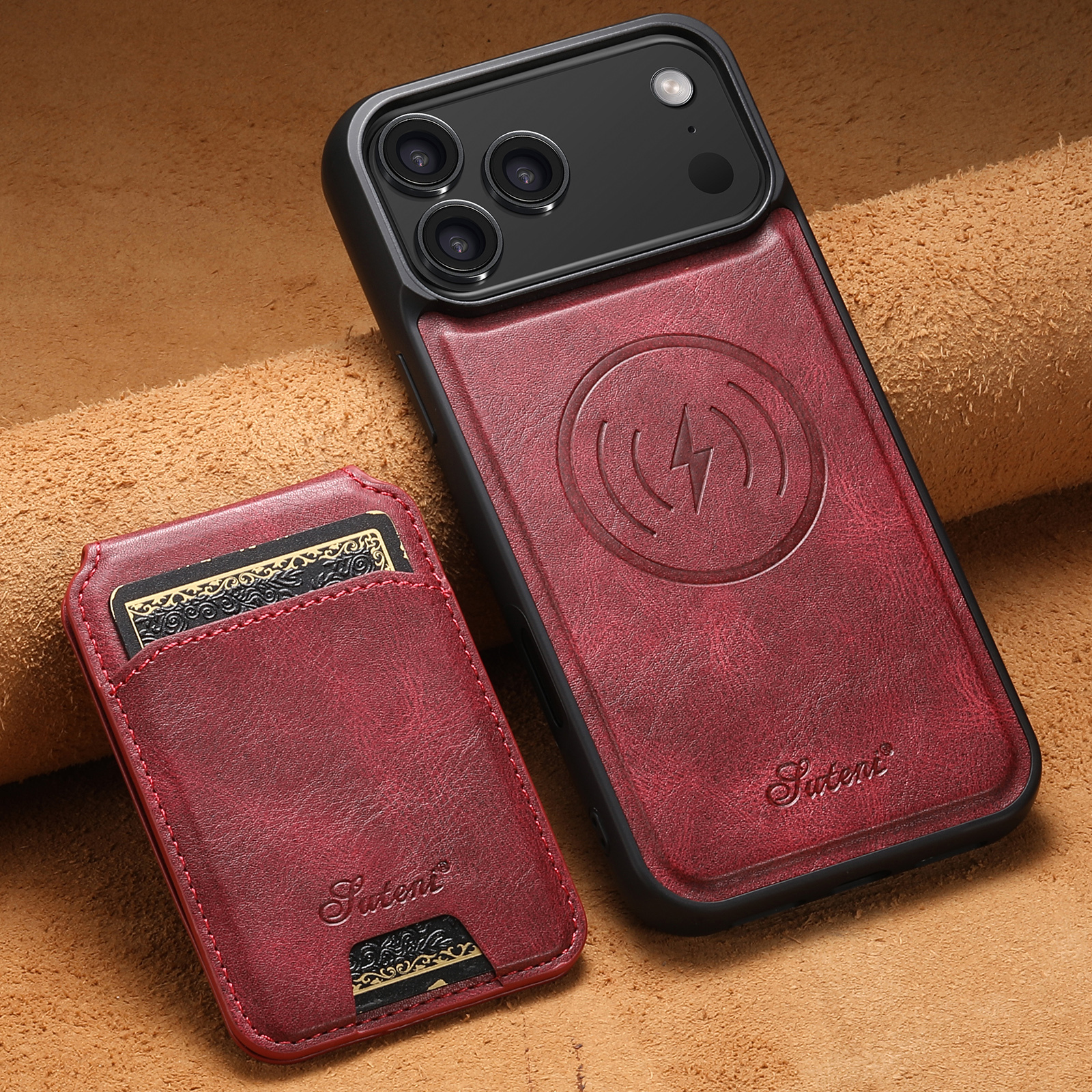 SUTENI H15 Wireless Charging Faux Leather Magnet Card Holder Stand Picture frame Phone Case For iPhone 17 Pro Max 16 Plus 15 14 13 12