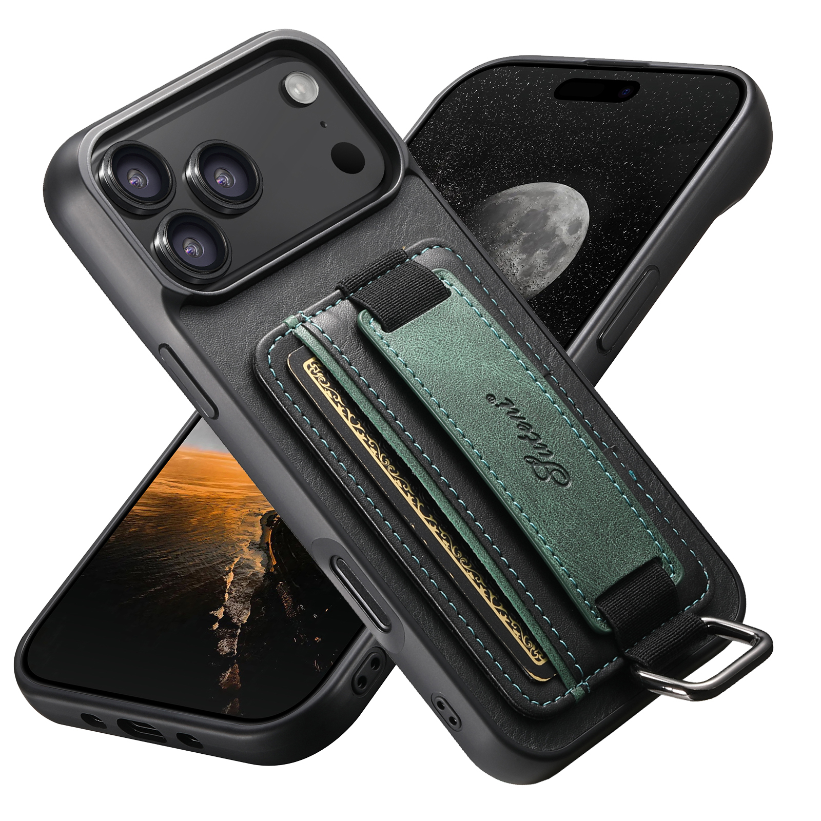 SUTENI H13YL Phone Case Wrist Strap Ring Buckle Faux Leather Card Holder Stand For iPhone 17 Pro Max 16 Plus 15 14 13 12