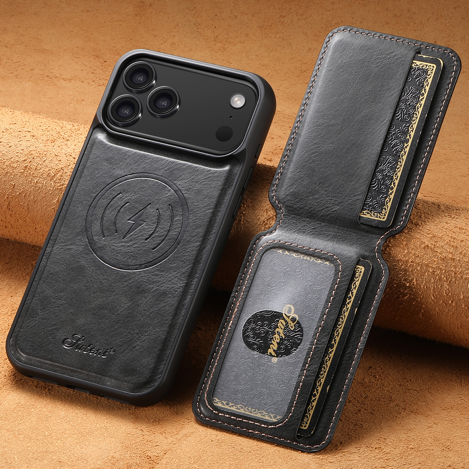 SUTENI H15 Wireless Charging Faux Leather Magnet Card Holder Stand Picture frame Phone Case For iPhone 17 Pro Max 16 Plus 15 14 13 12