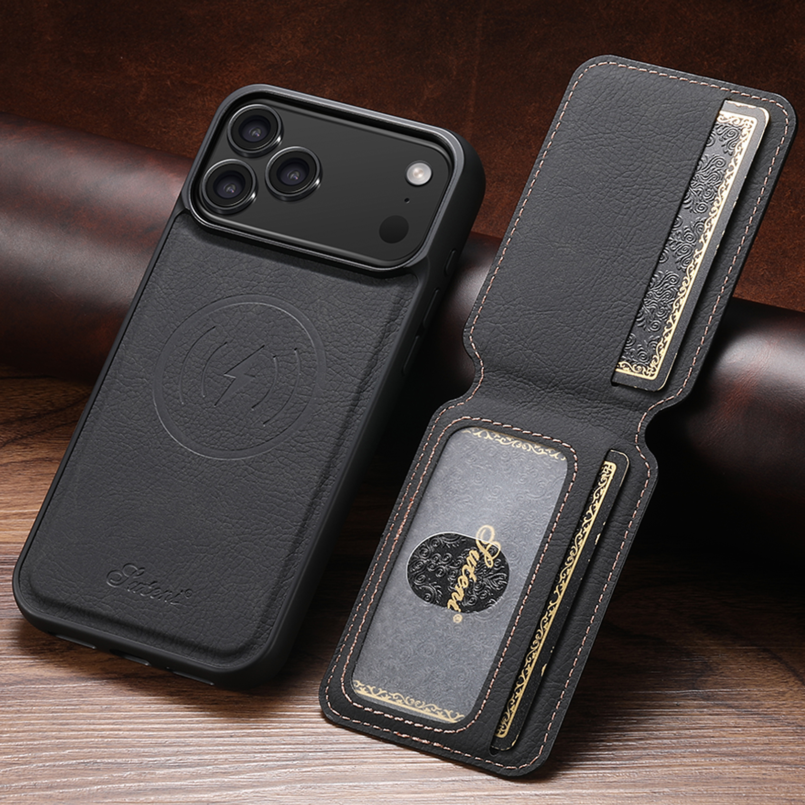 SUTENI H16 Wireless Charging Phone Case Magnet Card Holder Stand Faux Leather For iPhone 17 Pro Max 16 Plus 15 14 13 12