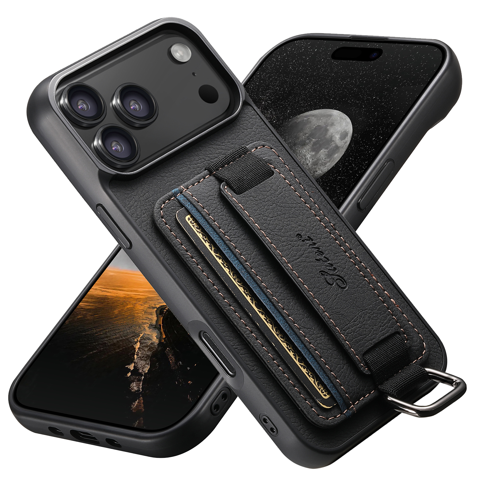 SUTENI H13LZ Faux Leather Phone Case Wrist Strap Ring Buckle Card Holder Stand For iPhone 17 Pro Max 16 Plus 15 14 13 12