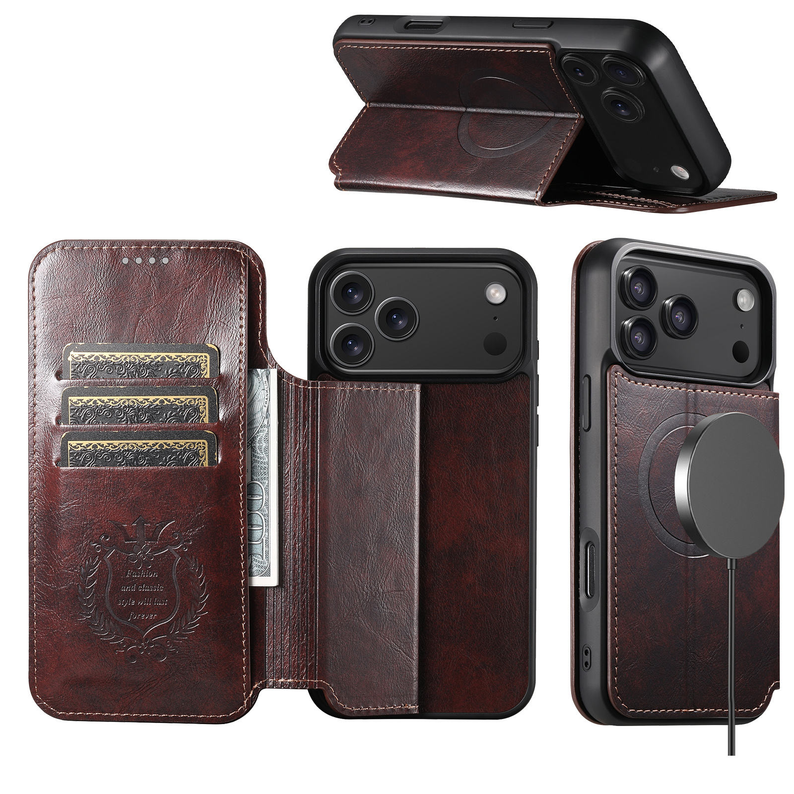 SUTENI J05 Faux Leather Wireless Charging  Card Holder Stand Wallet Magnetic buckle Phone Case For iPhone 17 Pro Max 16 Plus 15 14 13 12