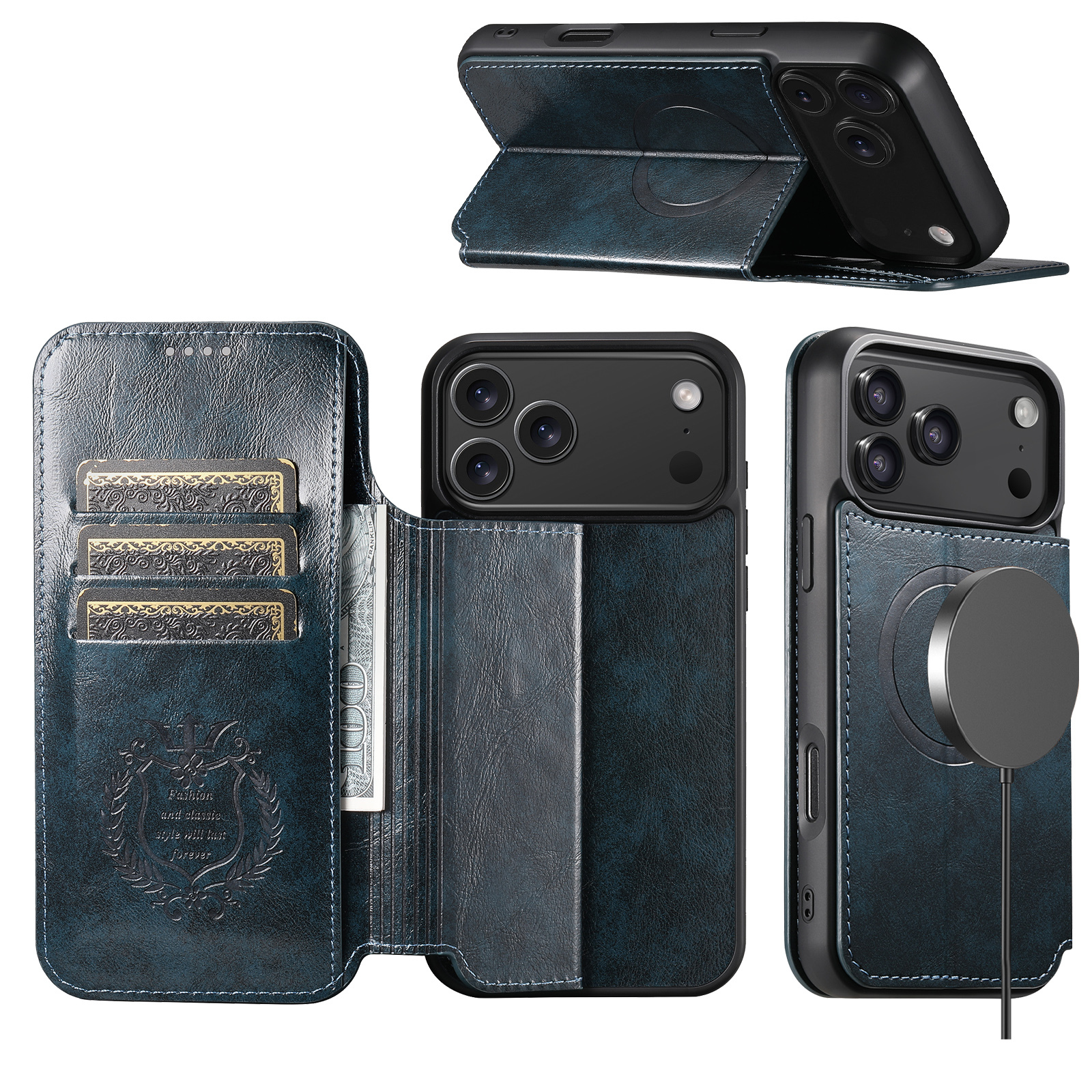 SUTENI J05 Faux Leather Wireless Charging  Card Holder Stand Wallet Magnetic buckle Phone Case For iPhone 17 Pro Max 16 Plus 15 14 13 12