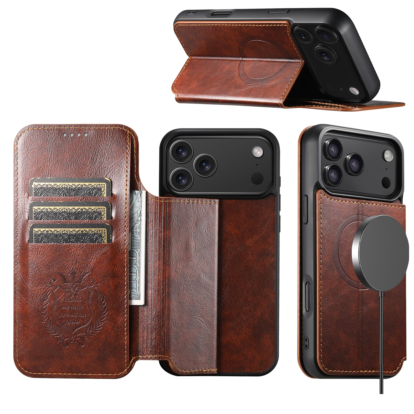SUTENI J05 Faux Leather Wireless Charging  Card Holder Stand Wallet Magnetic buckle Phone Case For iPhone 17 Pro Max 16 Plus 15 14 13 12