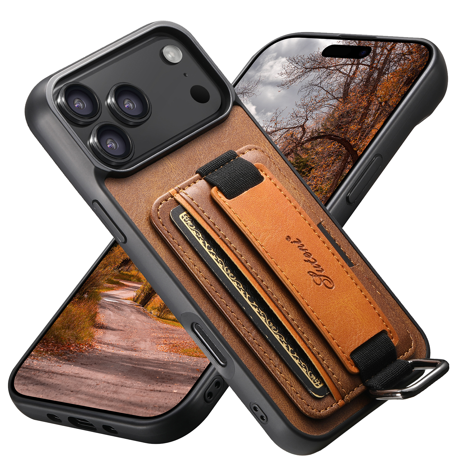 SUTENI H13YL Phone Case Wrist Strap Ring Buckle Faux Leather Card Holder Stand For iPhone 17 Pro Max 16 Plus 15 14 13 12