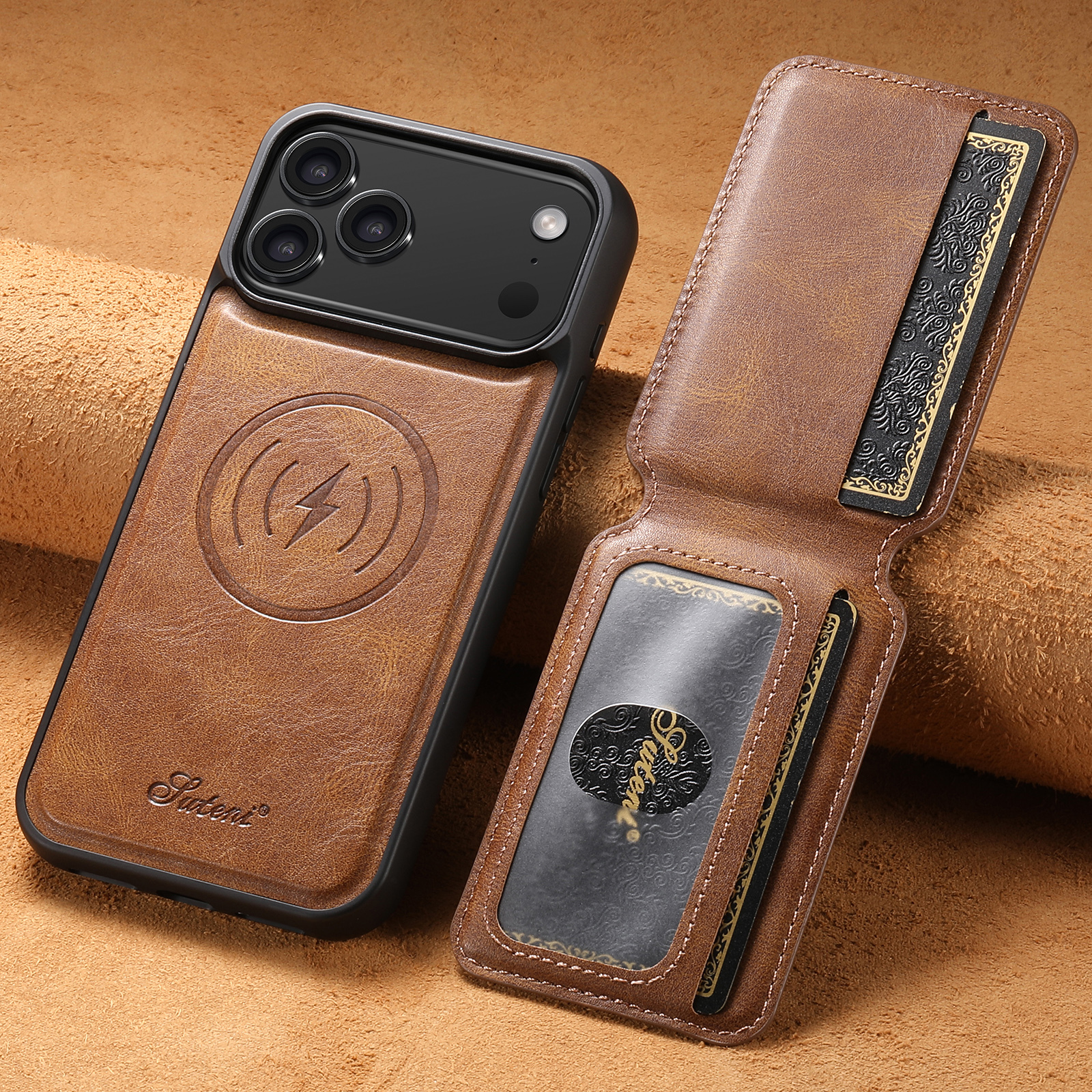 SUTENI H15 Wireless Charging Faux Leather Magnet Card Holder Stand Picture frame Phone Case For iPhone 17 Pro Max 16 Plus 15 14 13 12