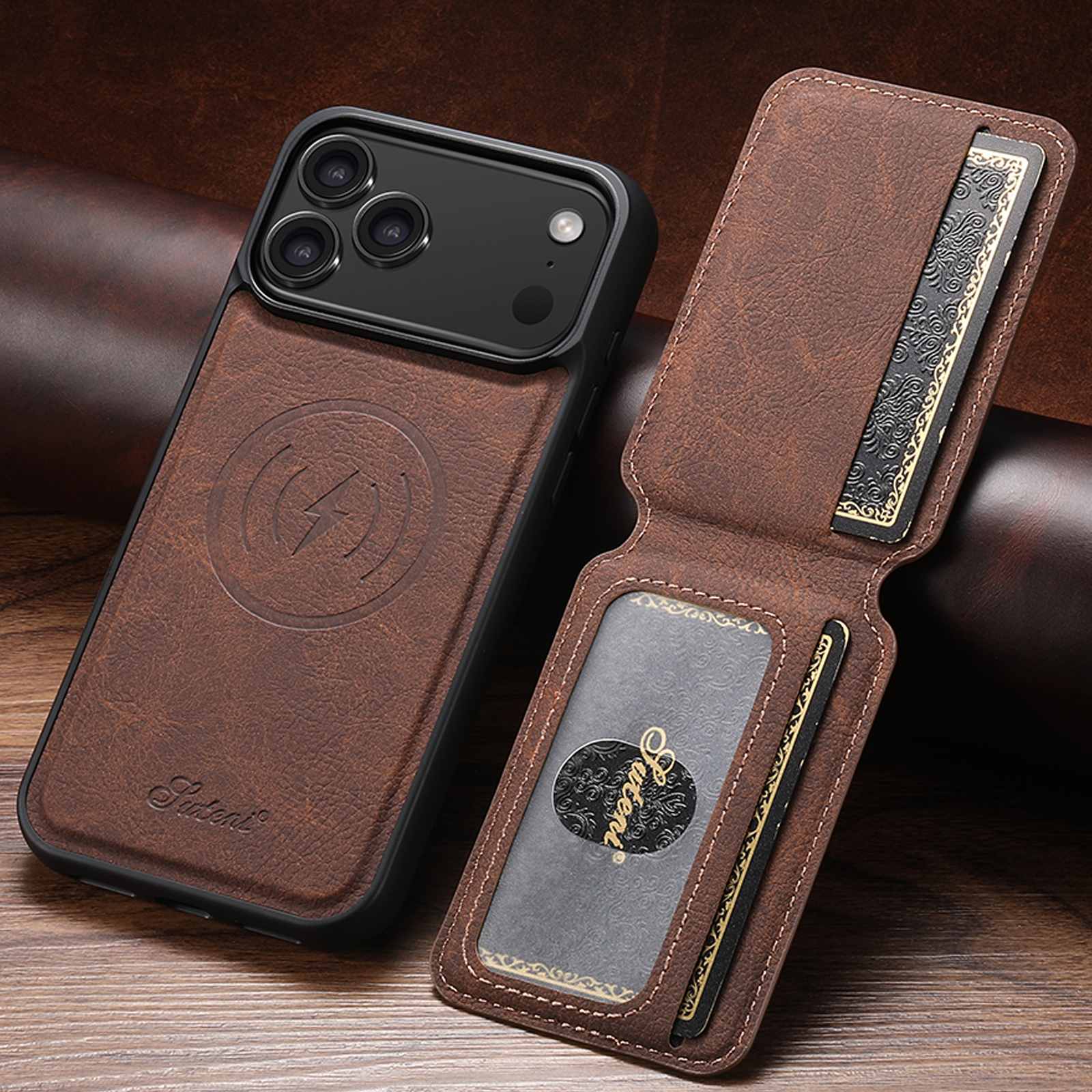 SUTENI H16 Wireless Charging Phone Case Magnet Card Holder Stand Faux Leather For iPhone 17 Pro Max 16 Plus 15 14 13 12