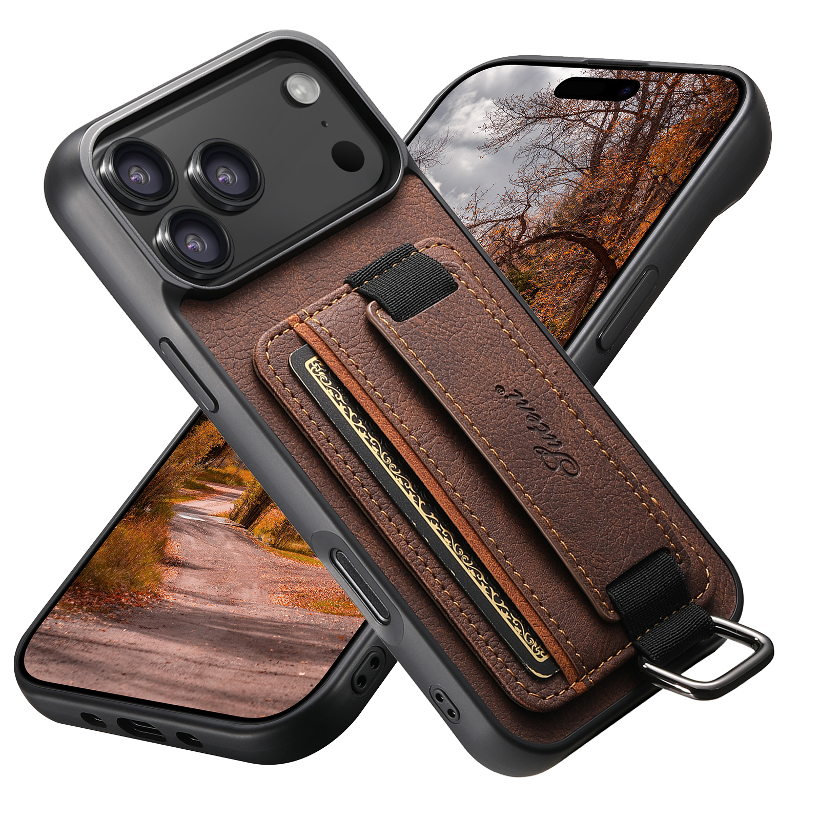 SUTENI H13LZ Faux Leather Phone Case Wrist Strap Ring Buckle Card Holder Stand For iPhone 17 Pro Max 16 Plus 15 14 13 12