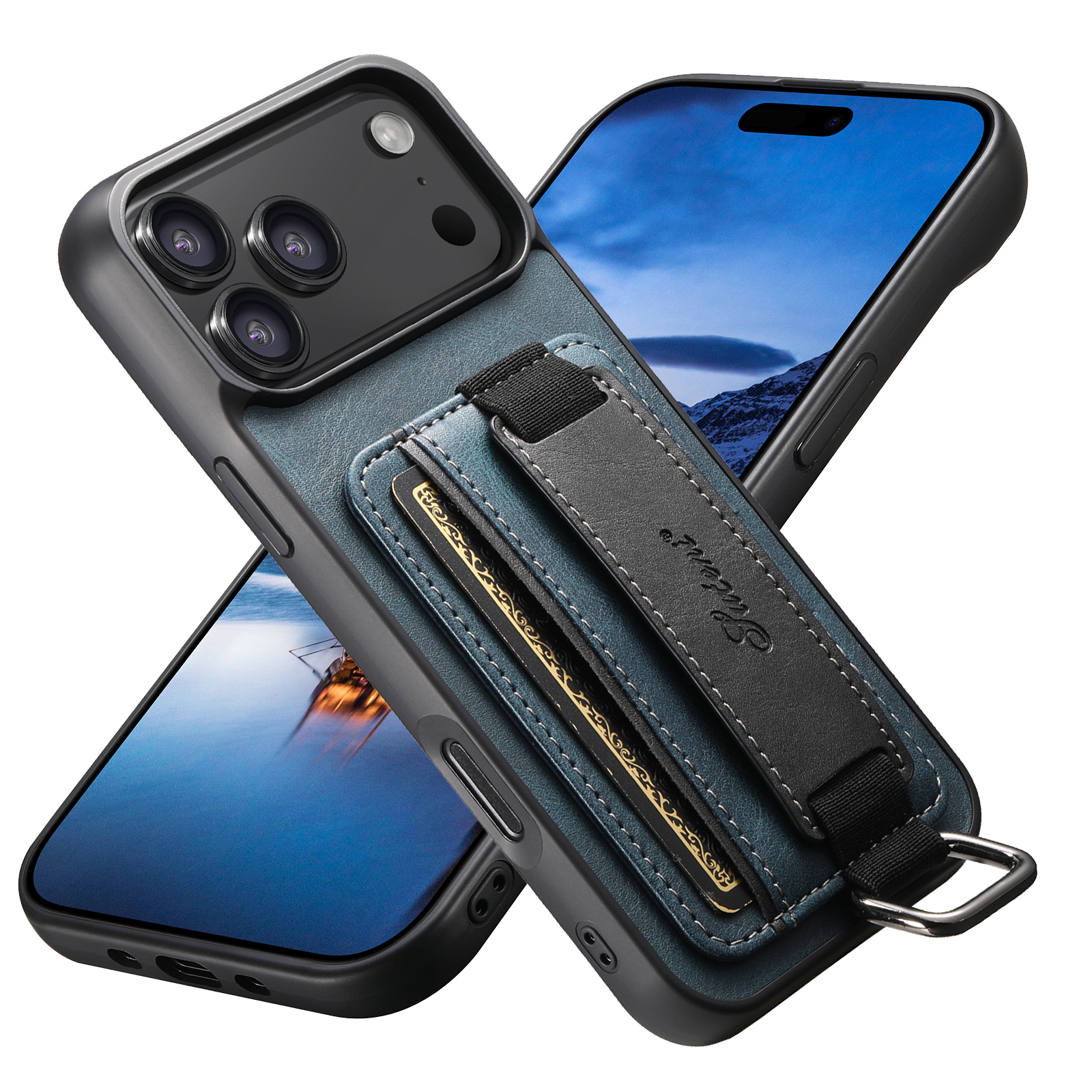 SUTENI H13YL Phone Case Wrist Strap Ring Buckle Faux Leather Card Holder Stand For iPhone 17 Pro Max 16 Plus 15 14 13 12