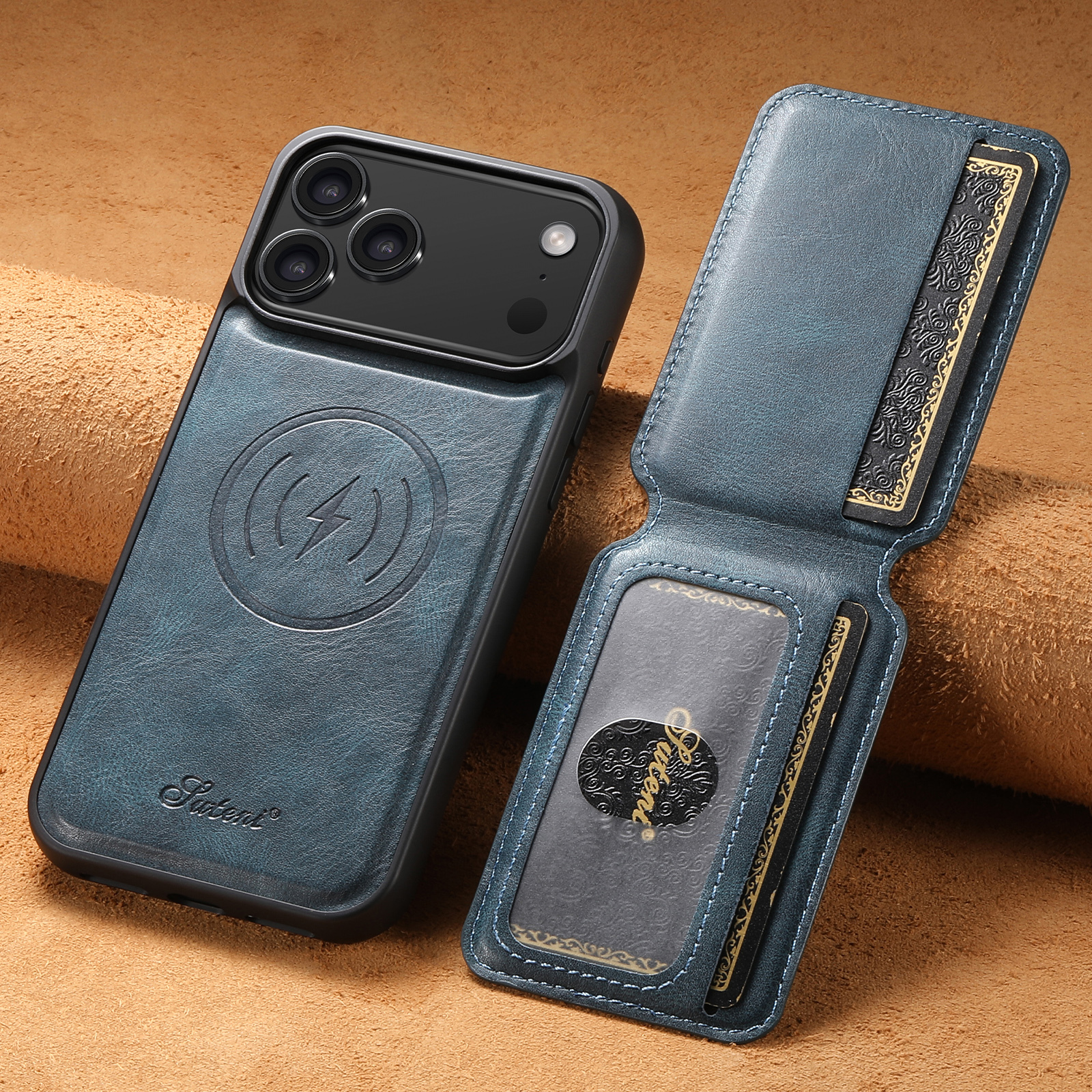 SUTENI H15 Wireless Charging Faux Leather Magnet Card Holder Stand Picture frame Phone Case For iPhone 17 Pro Max 16 Plus 15 14 13 12