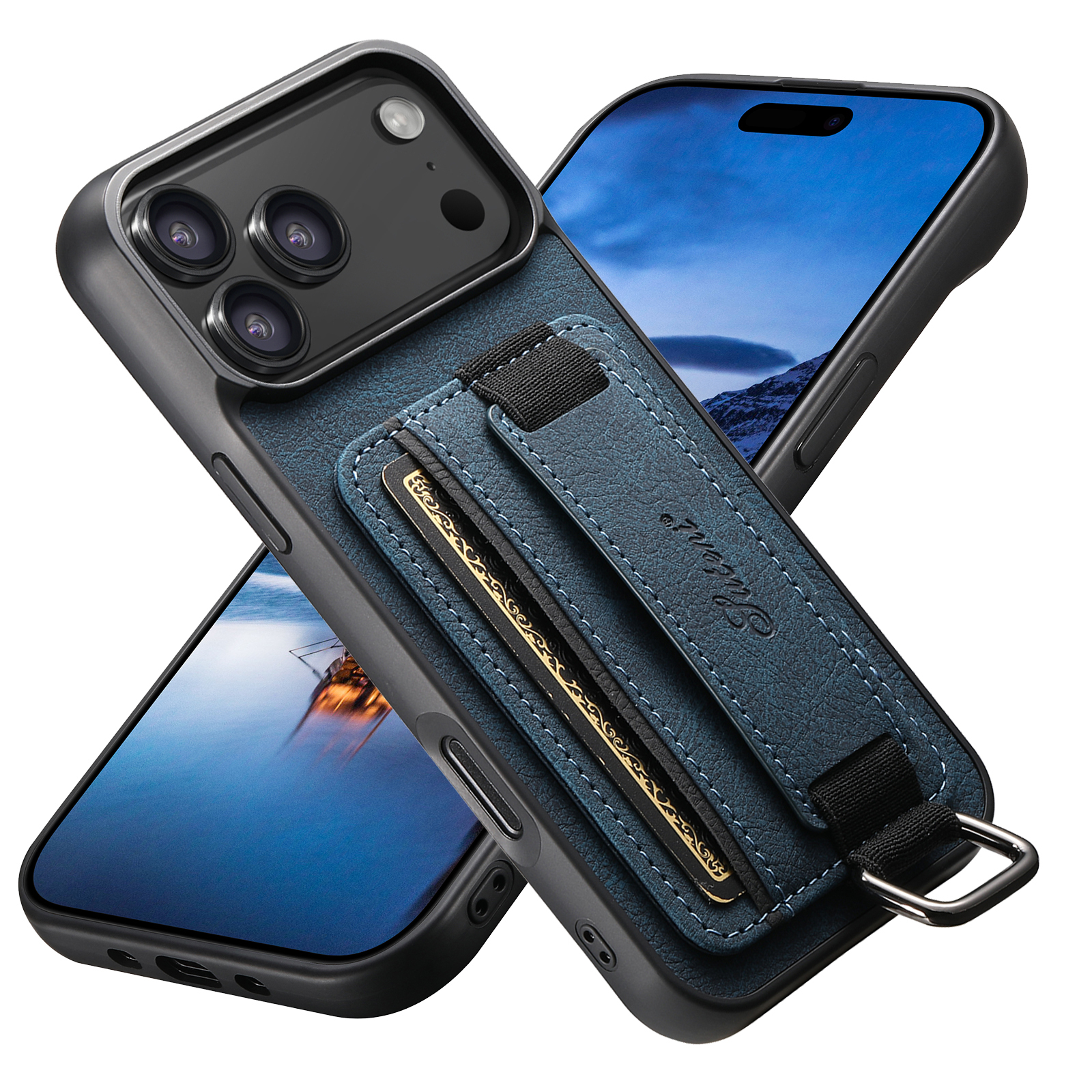 SUTENI H13LZ Faux Leather Phone Case Wrist Strap Ring Buckle Card Holder Stand For iPhone 17 Pro Max 16 Plus 15 14 13 12