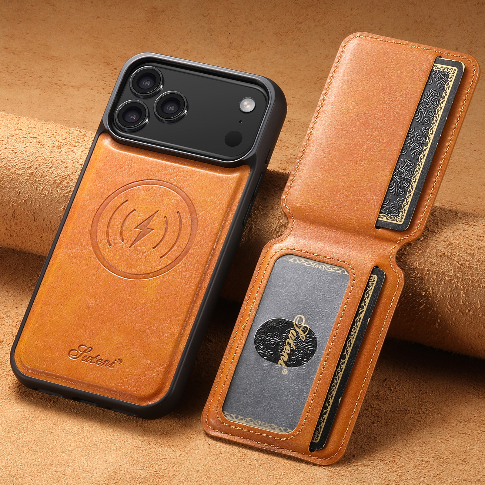SUTENI H15 Wireless Charging Faux Leather Magnet Card Holder Stand Picture frame Phone Case For iPhone 17 Pro Max 16 Plus 15 14 13 12