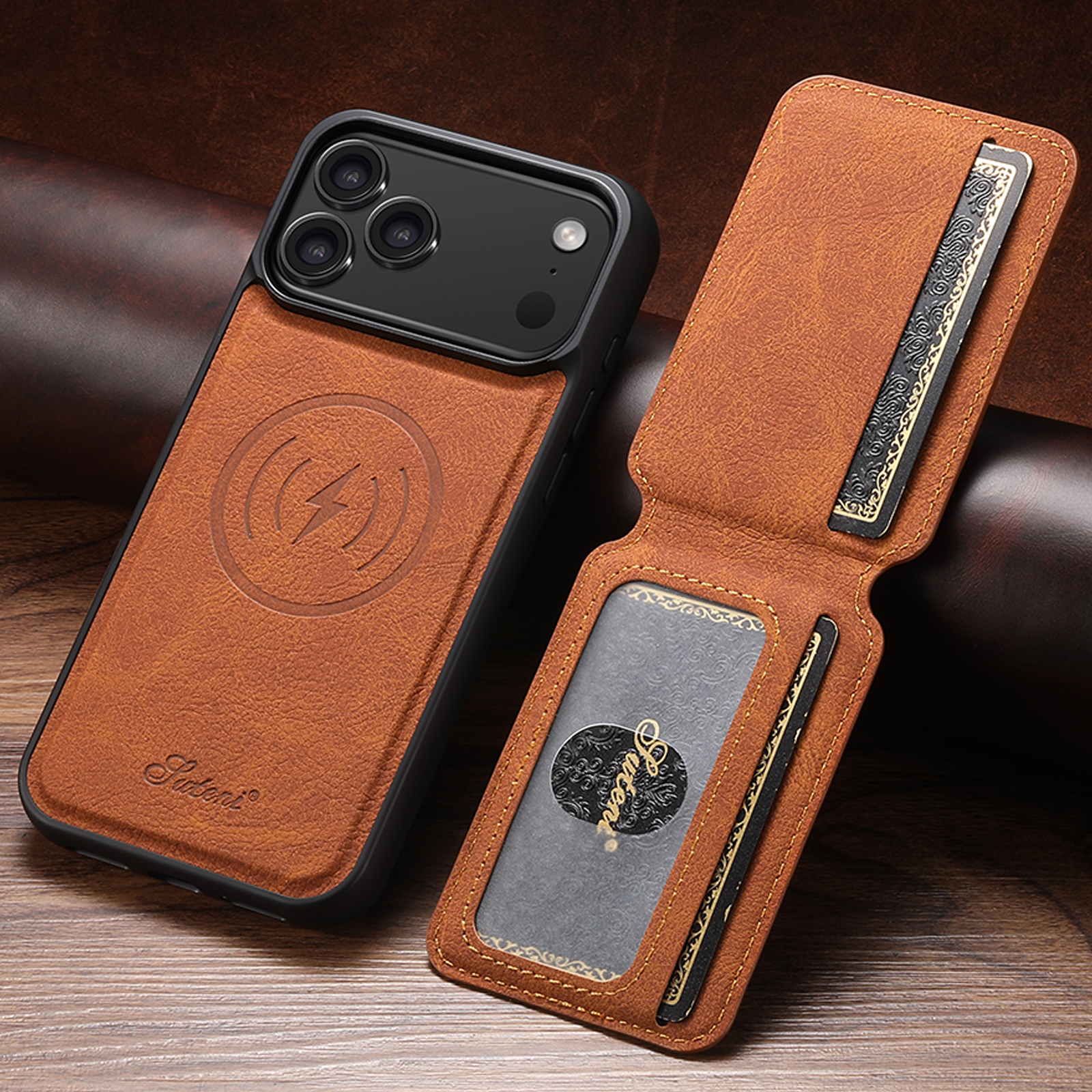 SUTENI H16 Wireless Charging Phone Case Magnet Card Holder Stand Faux Leather For iPhone 17 Pro Max 16 Plus 15 14 13 12