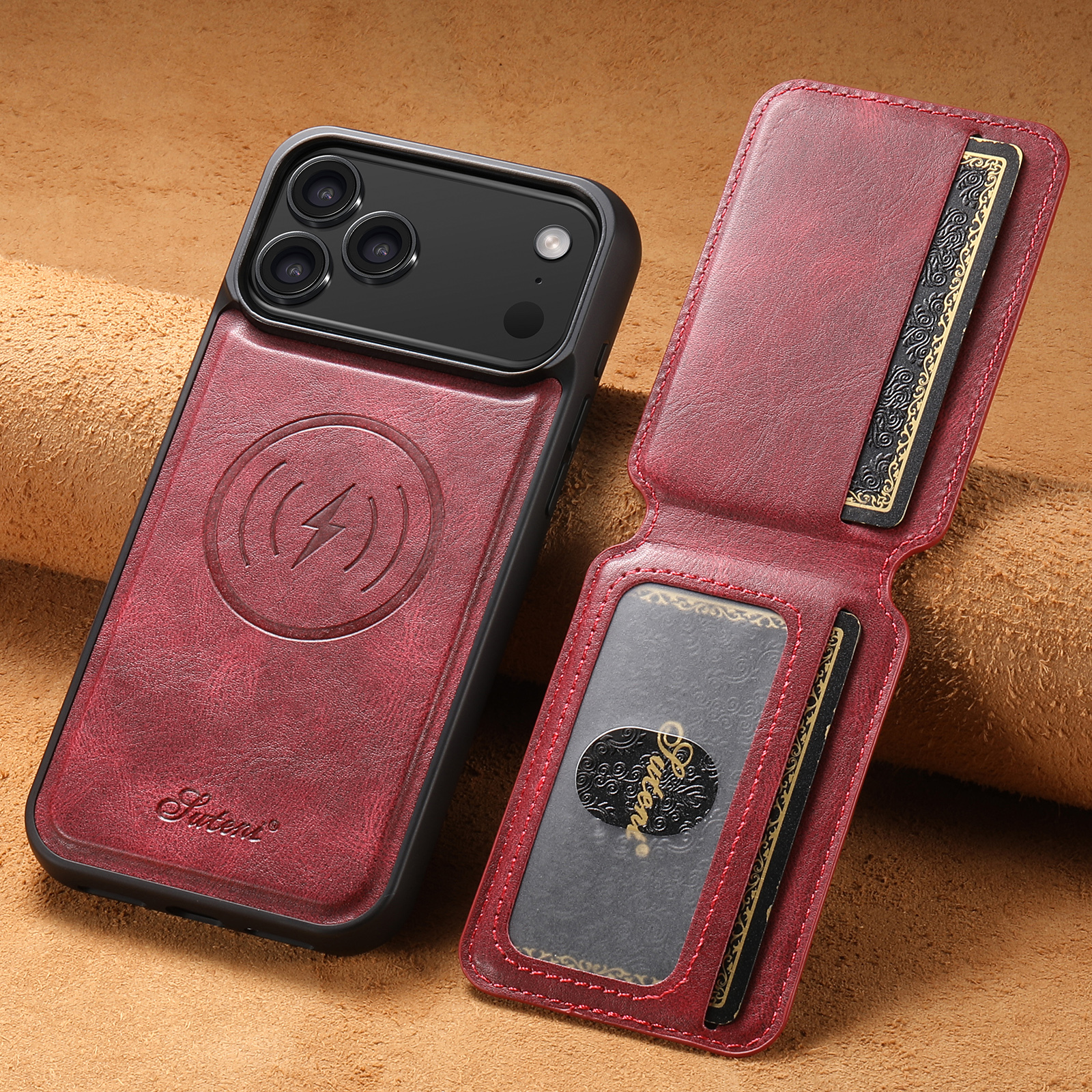 SUTENI H15 Wireless Charging Faux Leather Magnet Card Holder Stand Picture frame Phone Case For iPhone 17 Pro Max 16 Plus 15 14 13 12