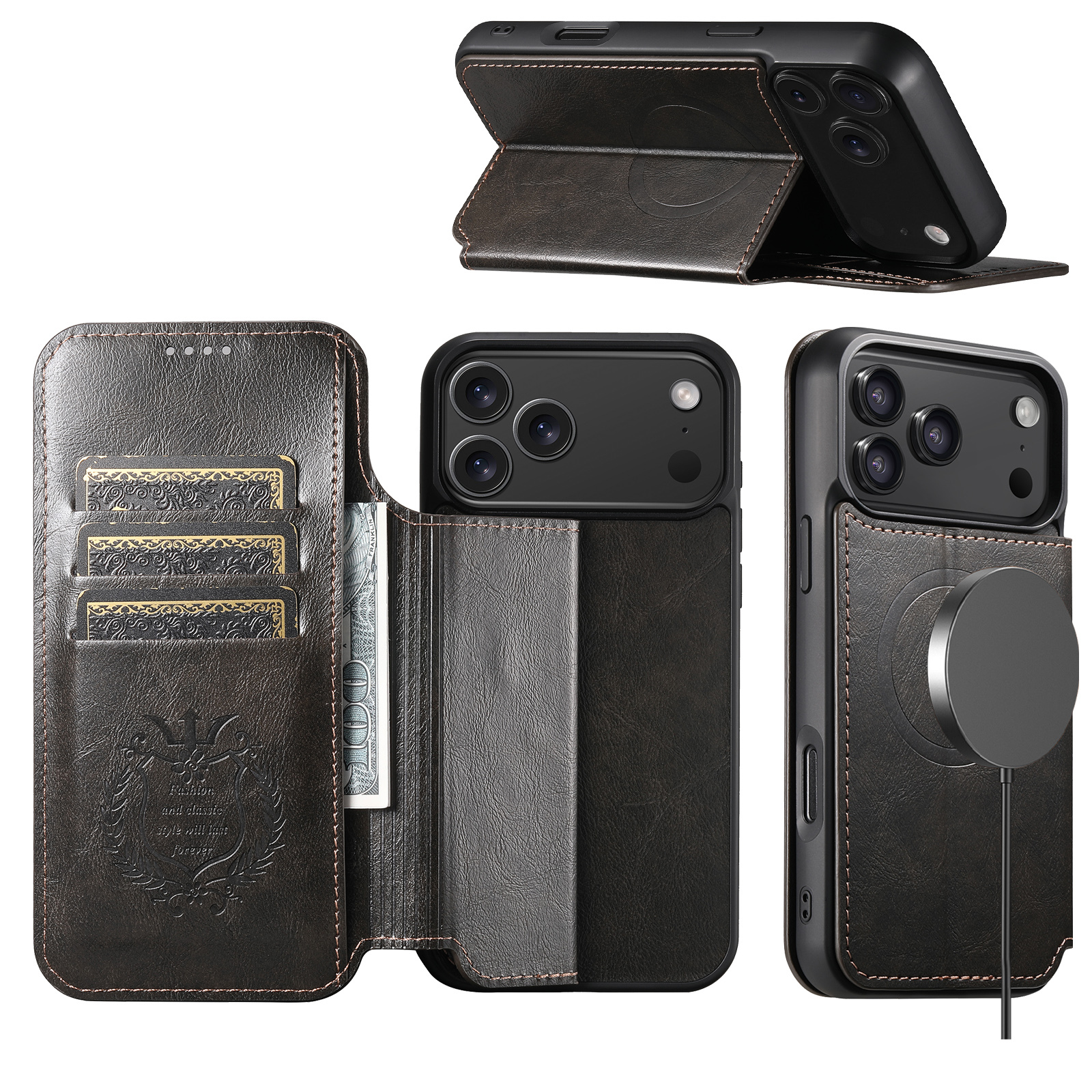 SUTENI J05 Faux Leather Wireless Charging  Card Holder Stand Wallet Magnetic buckle Phone Case For iPhone 17 Pro Max 16 Plus 15 14 13 12