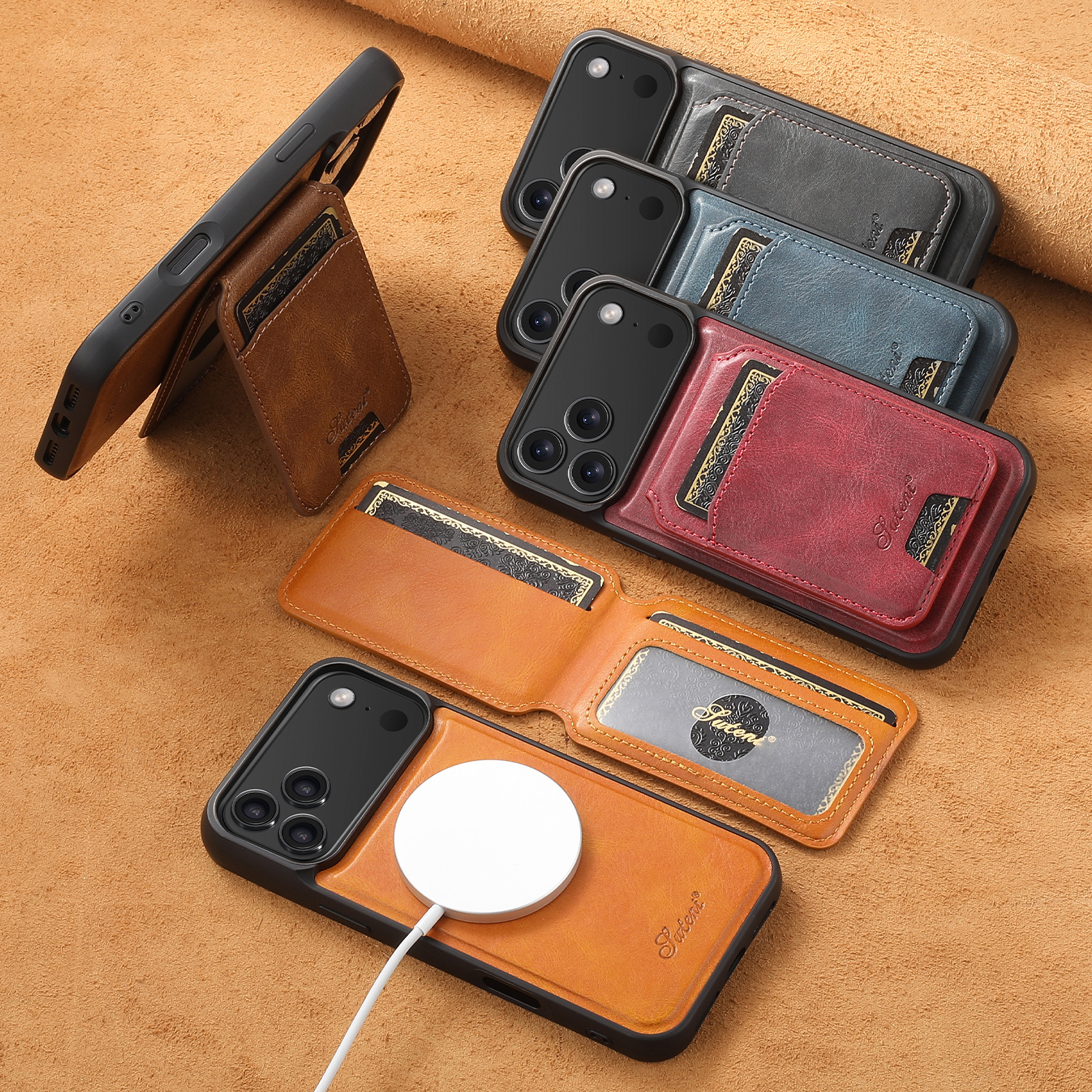 SUTENI H15 Wireless Charging Faux Leather Magnet Card Holder Stand Picture frame Phone Case For iPhone 17 Pro Max 16 Plus 15 14 13 12