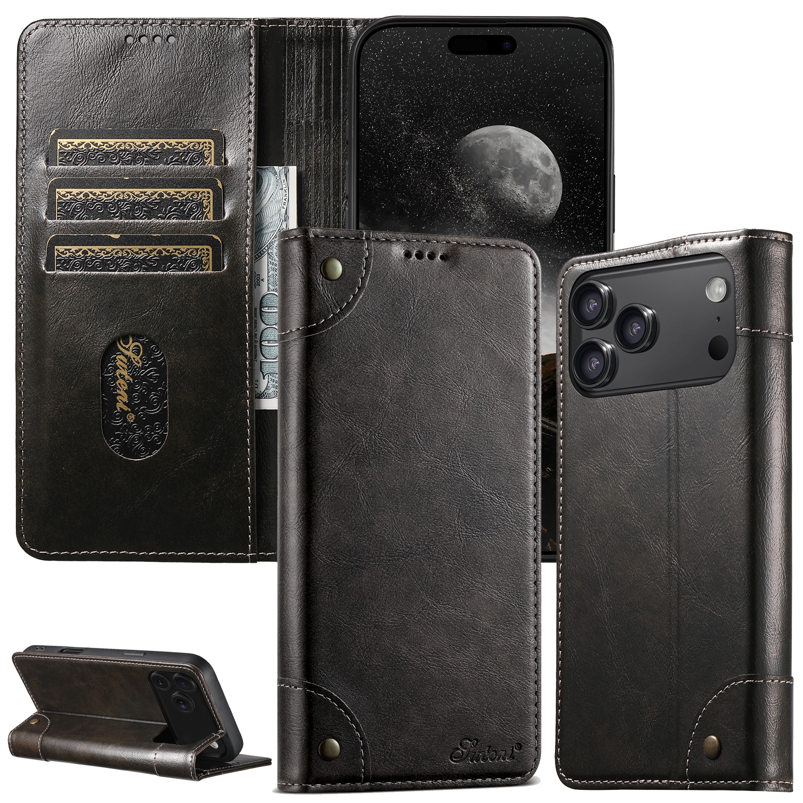 SUTENI BLK Phone Case Faux Leather Card Holder Stand Wallet Magnet Flip Cover For iPhone 17 Pro Max 16 Plus 15 14 13 12