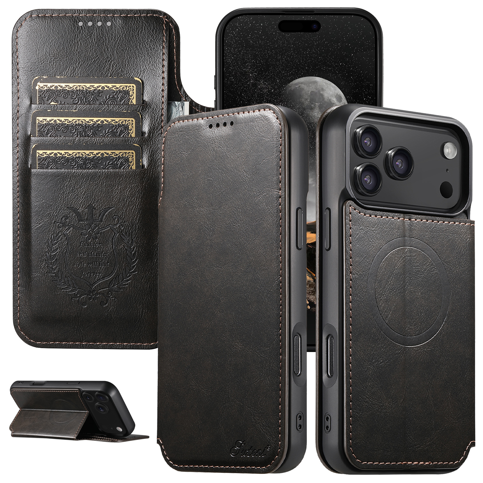 SUTENI J05 Faux Leather Wireless Charging  Card Holder Stand Wallet Magnetic buckle Phone Case For iPhone 17 Pro Max 16 Plus 15 14 13 12
