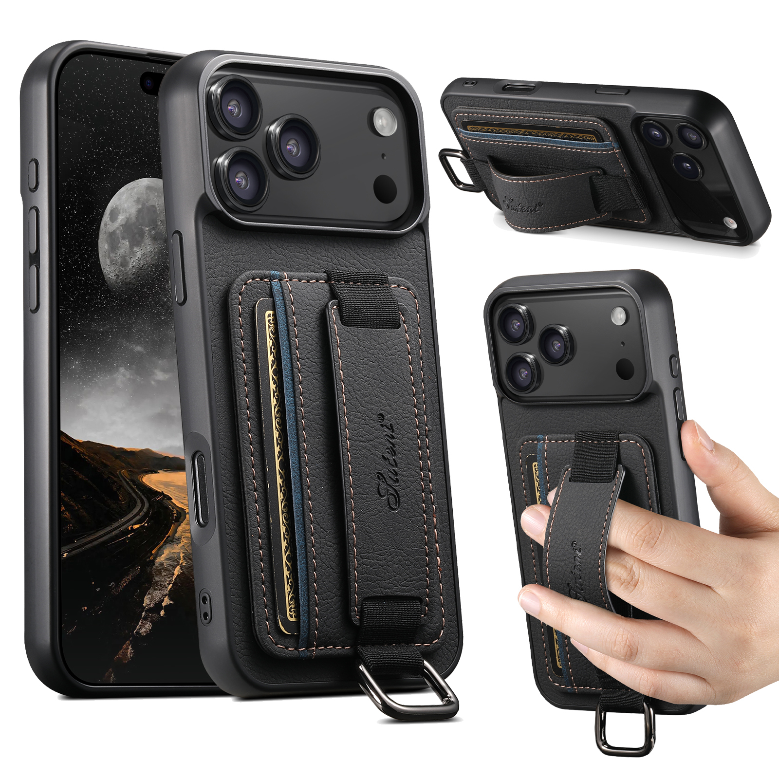 SUTENI H13LZ Faux Leather Phone Case Wrist Strap Ring Buckle Card Holder Stand For iPhone 17 Pro Max 16 Plus 15 14 13 12
