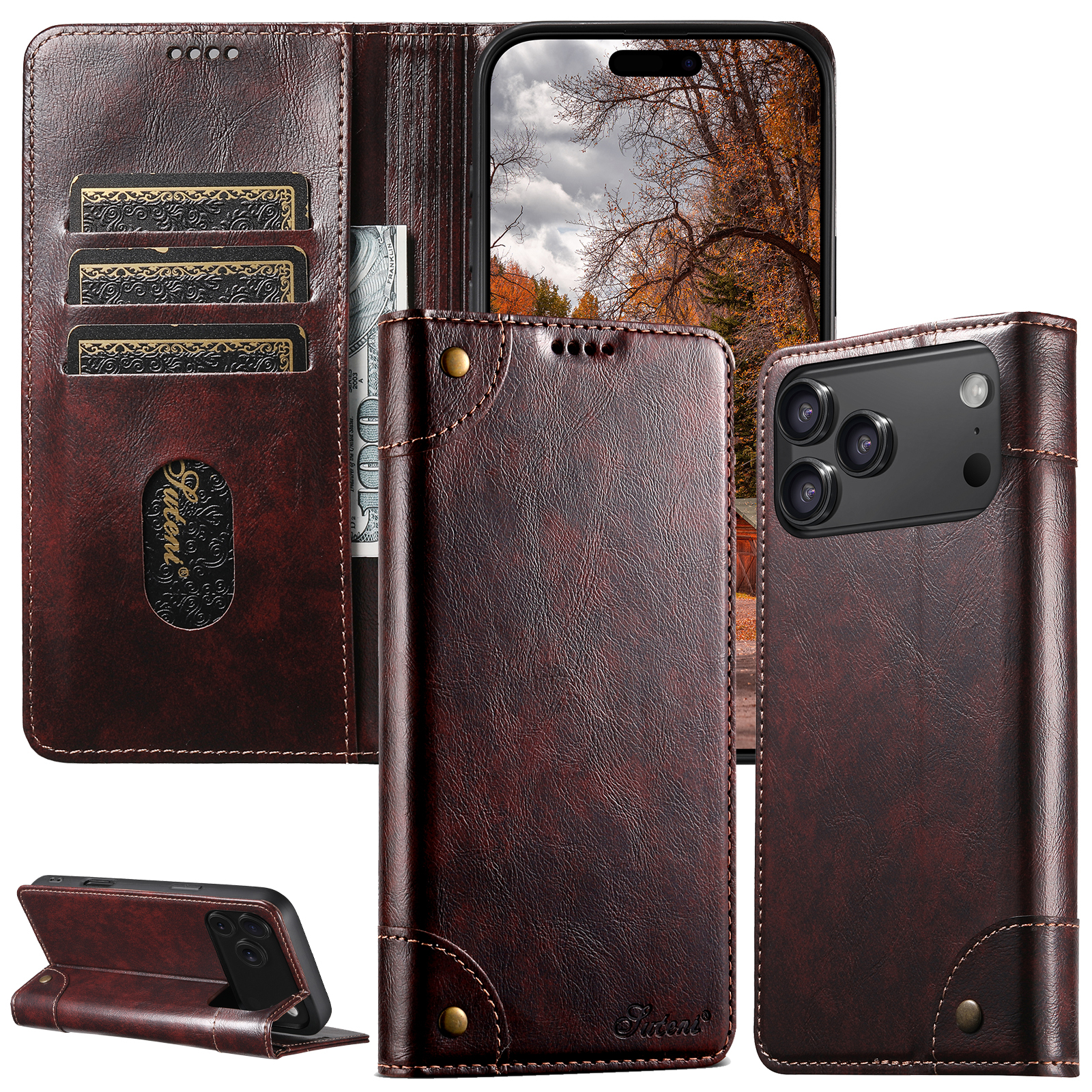 SUTENI BLK Phone Case Faux Leather Card Holder Stand Wallet Magnet Flip Cover For iPhone 17 Pro Max 16 Plus 15 14 13 12