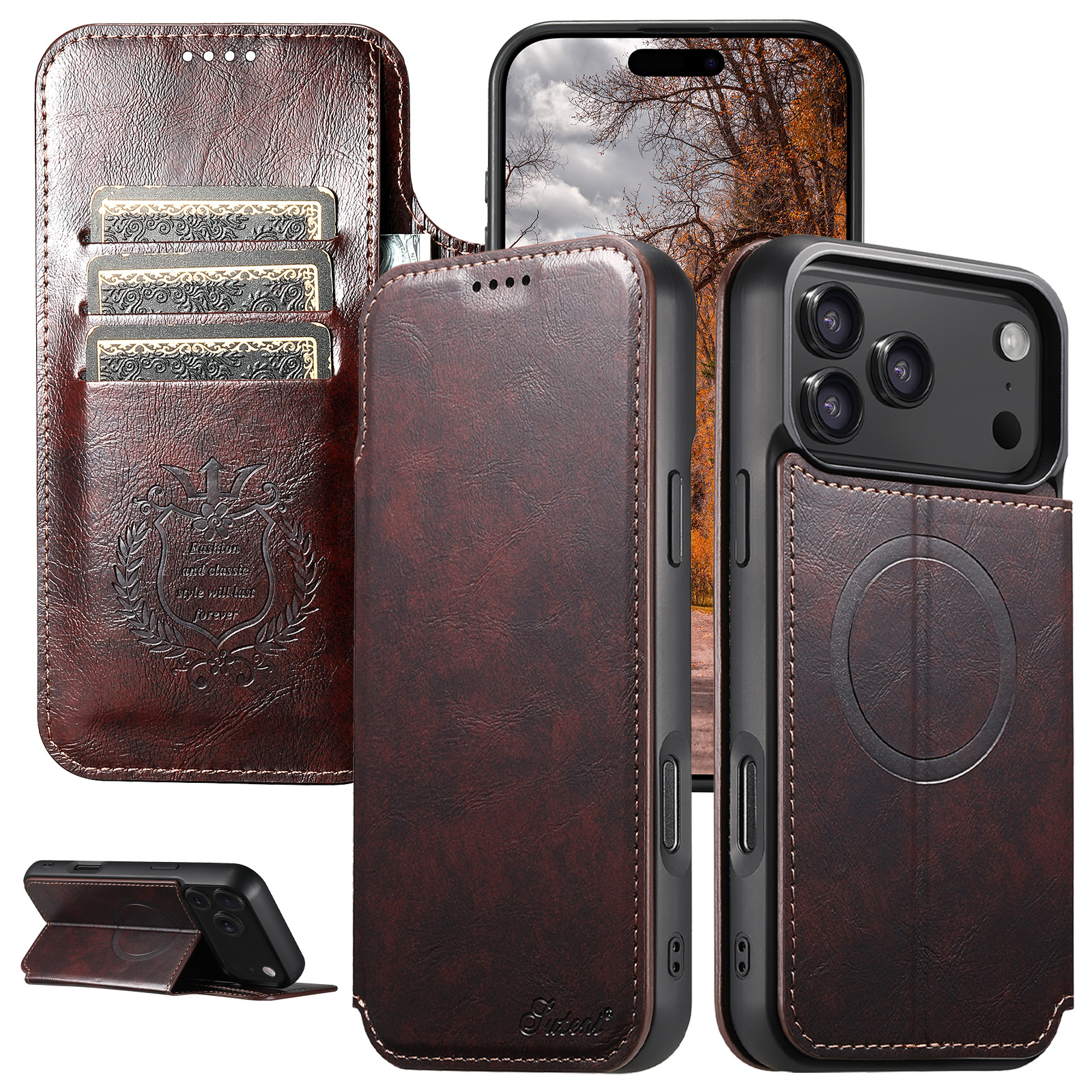 SUTENI J05 Faux Leather Wireless Charging  Card Holder Stand Wallet Magnetic buckle Phone Case For iPhone 17 Pro Max 16 Plus 15 14 13 12