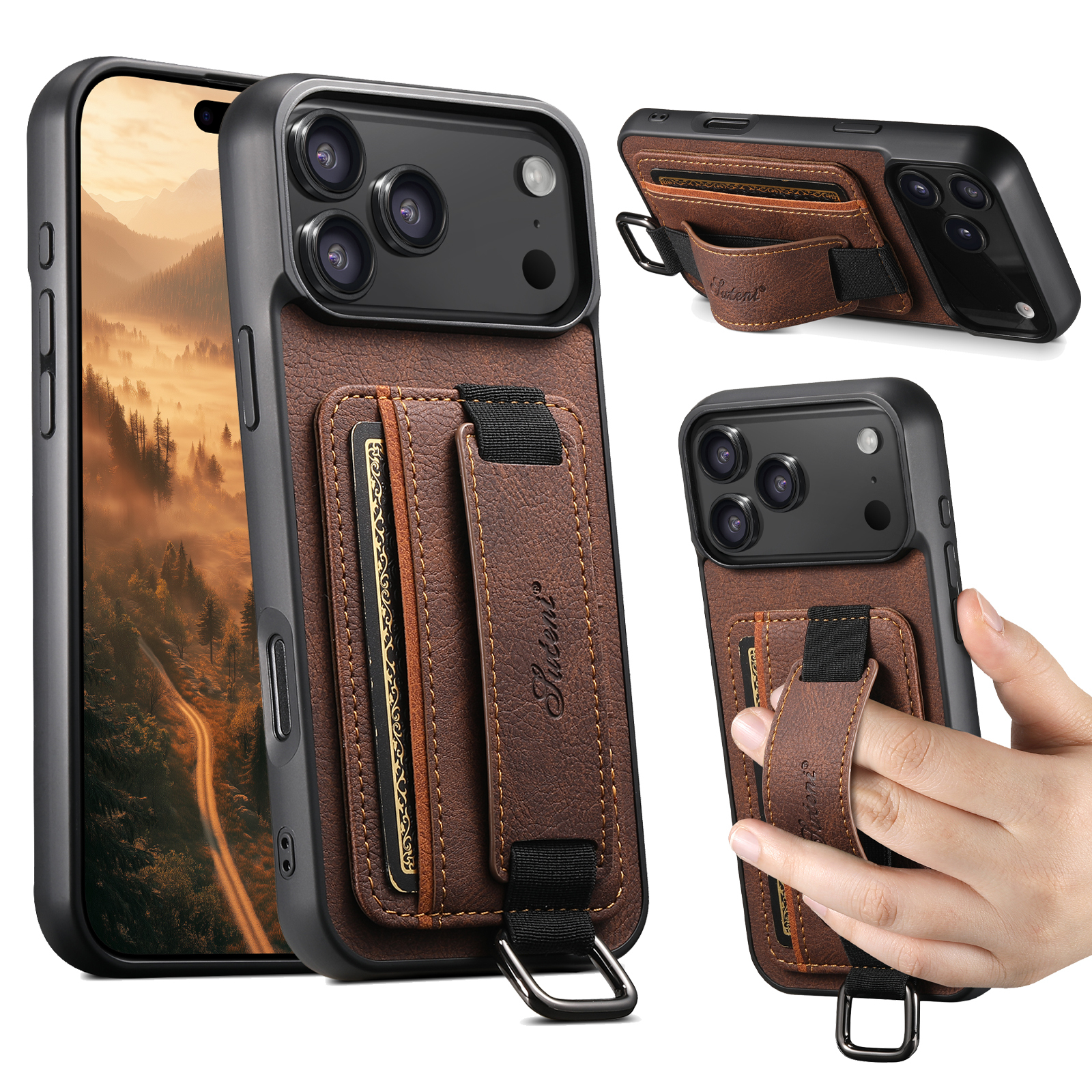 SUTENI H13LZ Faux Leather Phone Case Wrist Strap Ring Buckle Card Holder Stand For iPhone 17 Pro Max 16 Plus 15 14 13 12