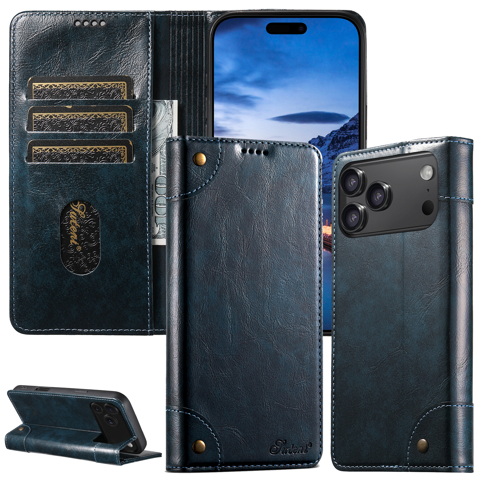 SUTENI BLK Phone Case Faux Leather Card Holder Stand Wallet Magnet Flip Cover For iPhone 17 Pro Max 16 Plus 15 14 13 12