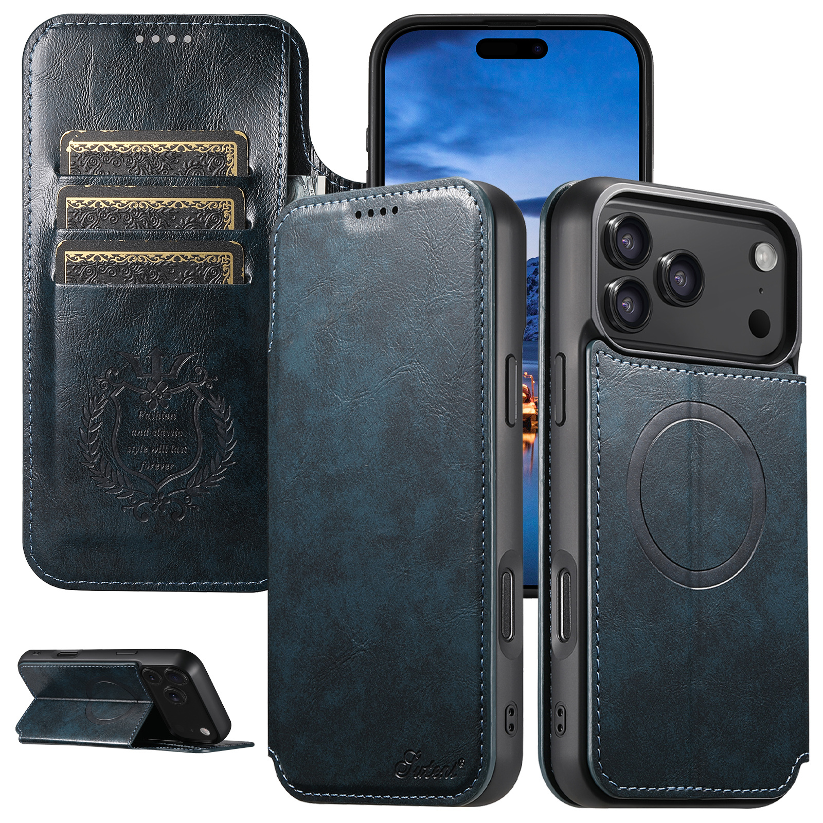 SUTENI J05 Faux Leather Wireless Charging  Card Holder Stand Wallet Magnetic buckle Phone Case For iPhone 17 Pro Max 16 Plus 15 14 13 12