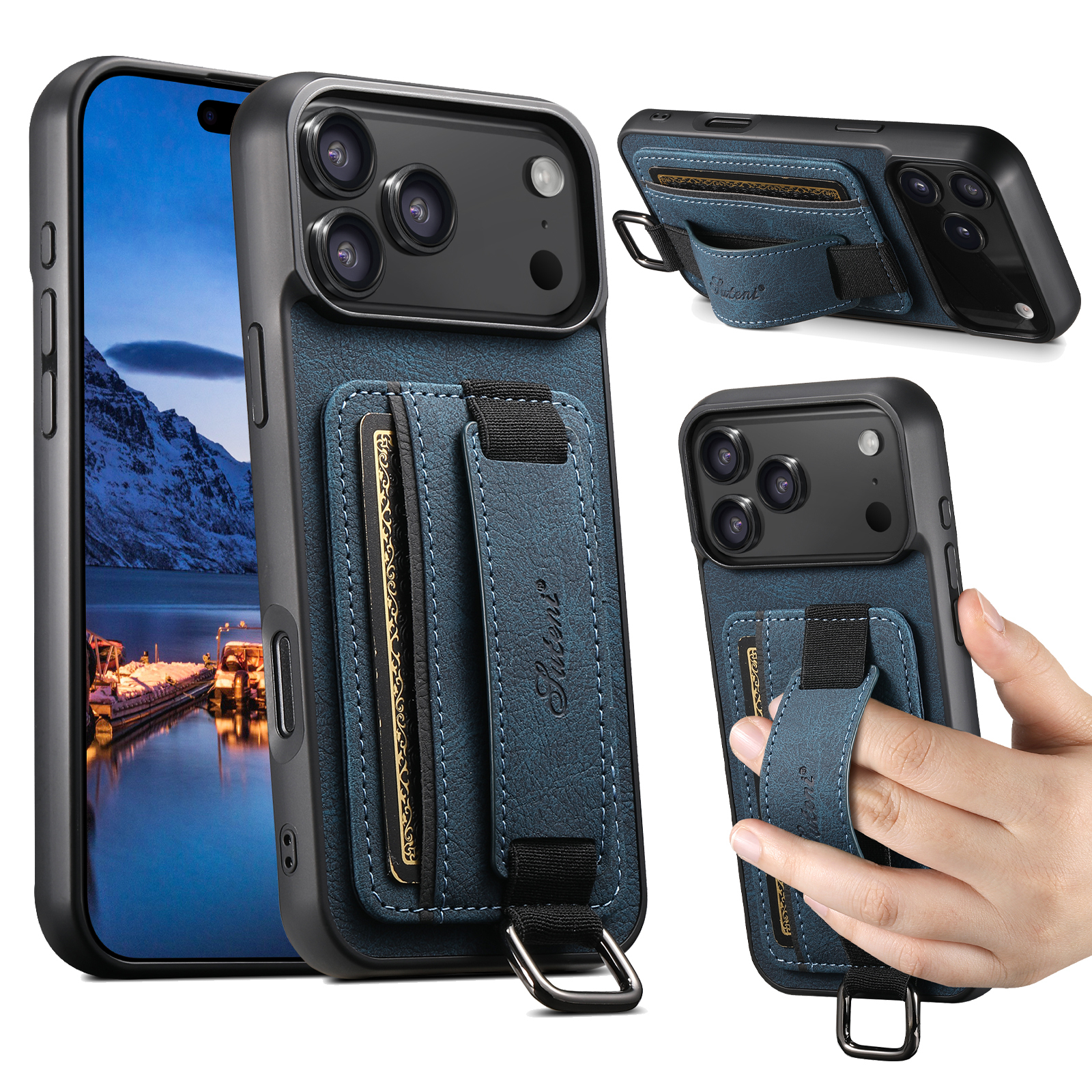 SUTENI H13LZ Faux Leather Phone Case Wrist Strap Ring Buckle Card Holder Stand For iPhone 17 Pro Max 16 Plus 15 14 13 12