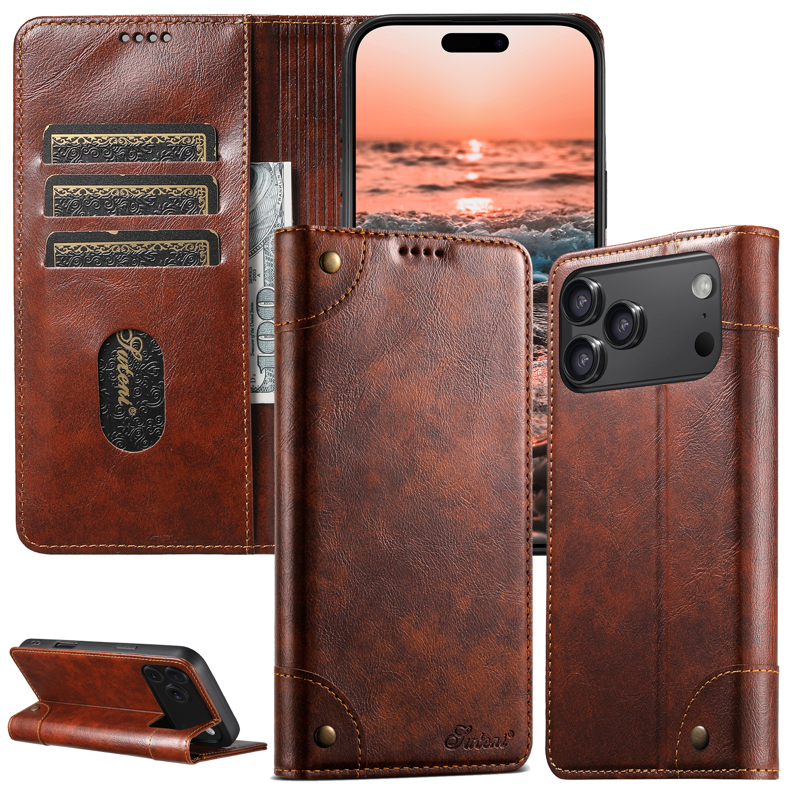 SUTENI BLK Phone Case Faux Leather Card Holder Stand Wallet Magnet Flip Cover For iPhone 17 Pro Max 16 Plus 15 14 13 12