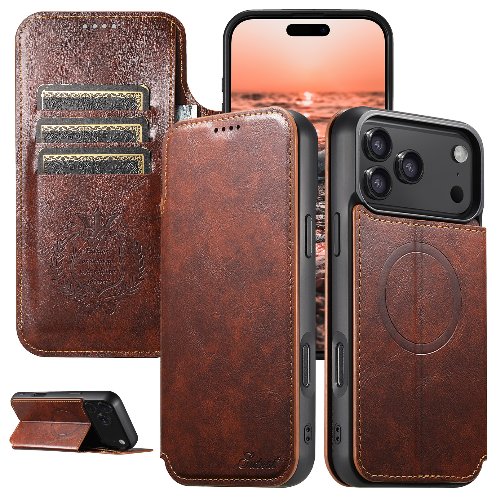 SUTENI J05 Faux Leather Wireless Charging  Card Holder Stand Wallet Magnetic buckle Phone Case For iPhone 17 Pro Max 16 Plus 15 14 13 12