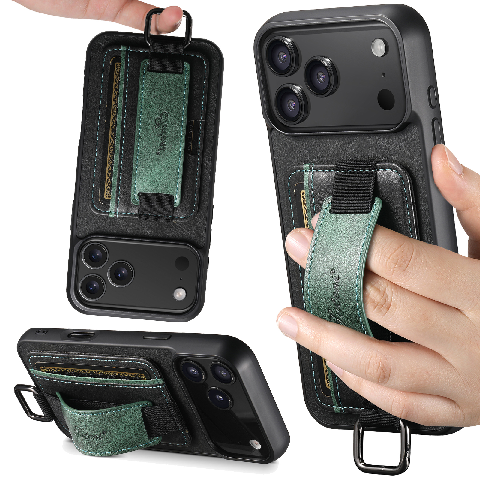 SUTENI H13YL Phone Case Wrist Strap Ring Buckle Faux Leather Card Holder Stand For iPhone 17 Pro Max 16 Plus 15 14 13 12
