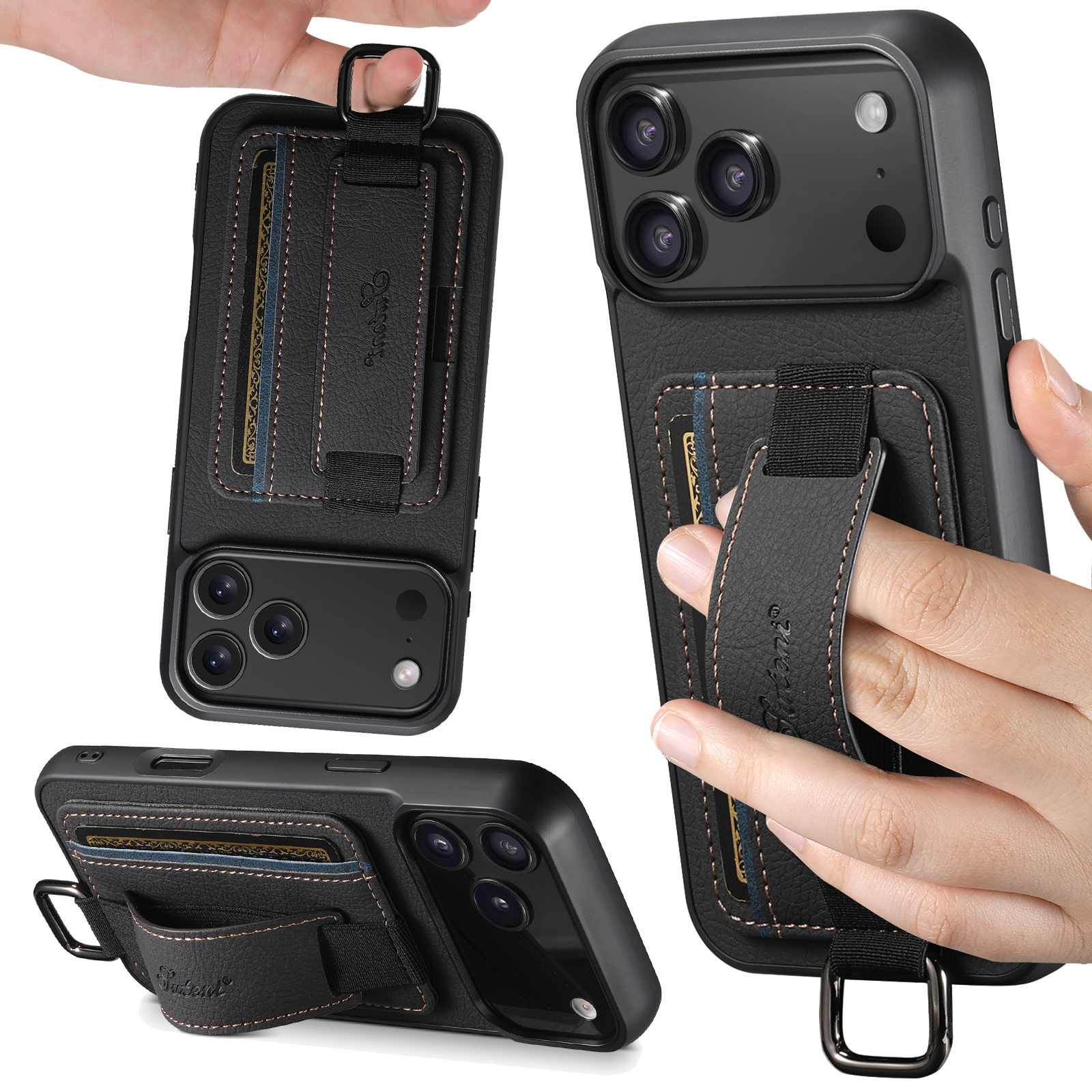 SUTENI H13LZ Faux Leather Phone Case Wrist Strap Ring Buckle Card Holder Stand For iPhone 17 Pro Max 16 Plus 15 14 13 12