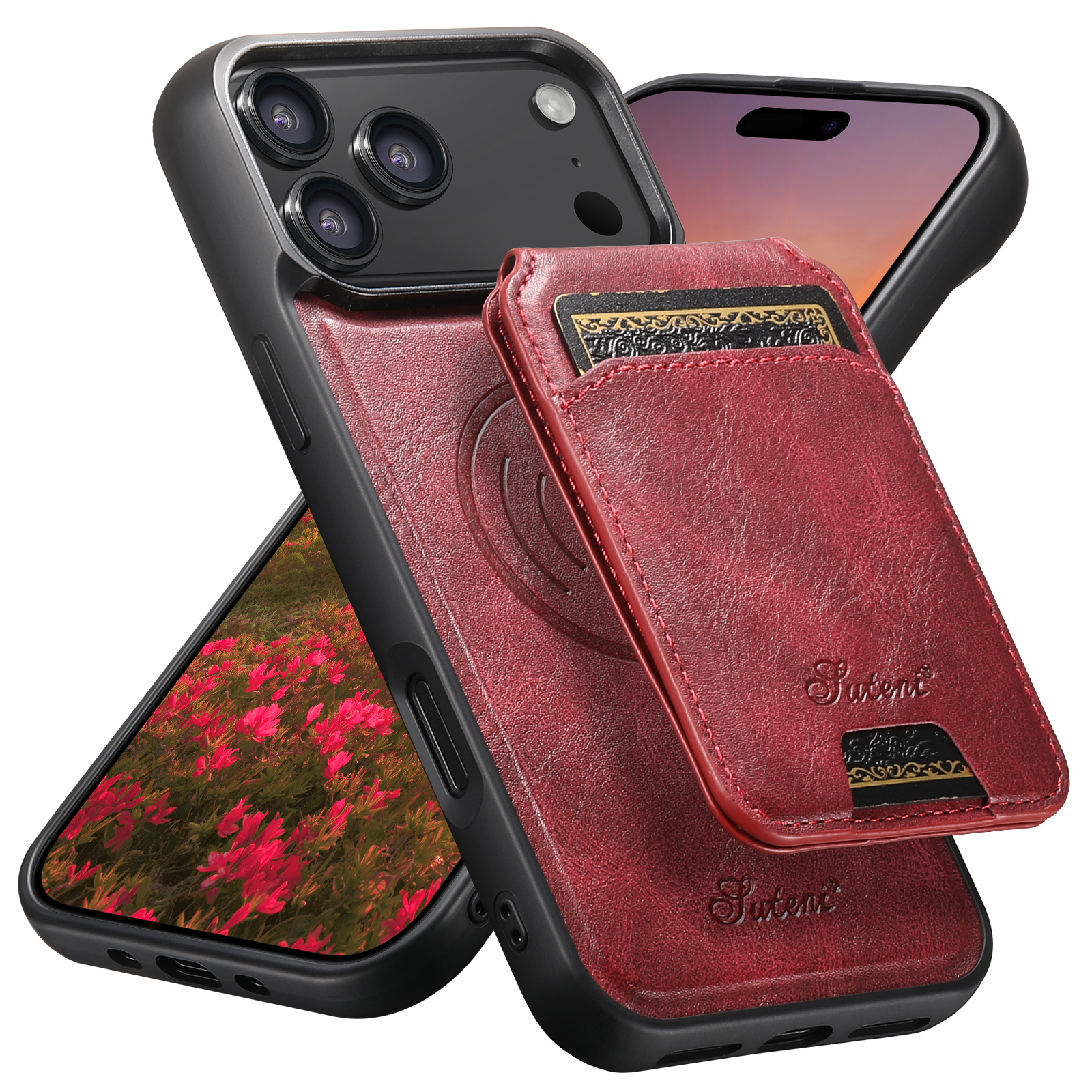 SUTENI H15 Wireless Charging Faux Leather Magnet Card Holder Stand Picture frame Phone Case For iPhone 17 Pro Max 16 Plus 15 14 13 12